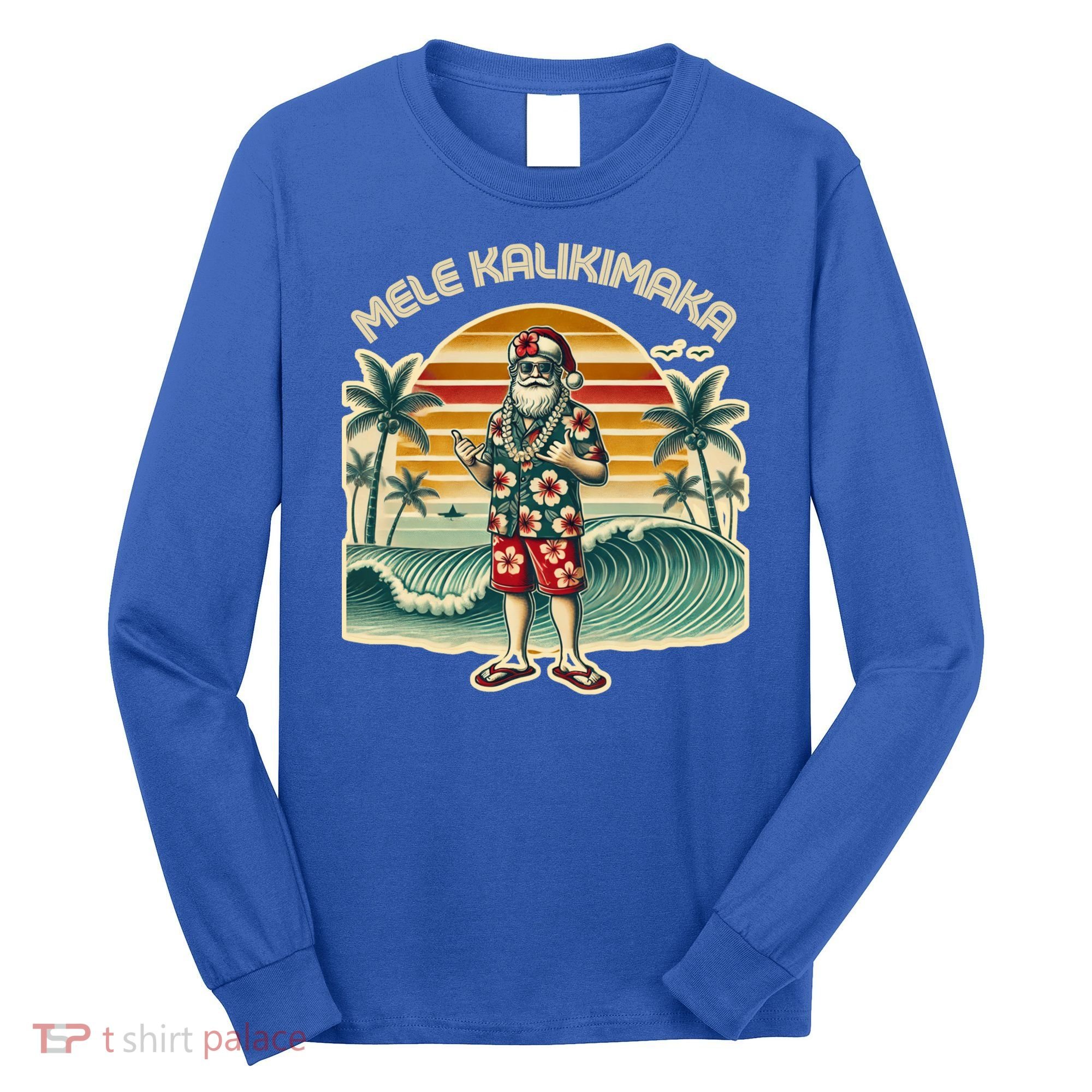 Retro Christmas Surf Mele Kalikimaka Santa Shaka Hawaii Gift Long Sleeve Shirt