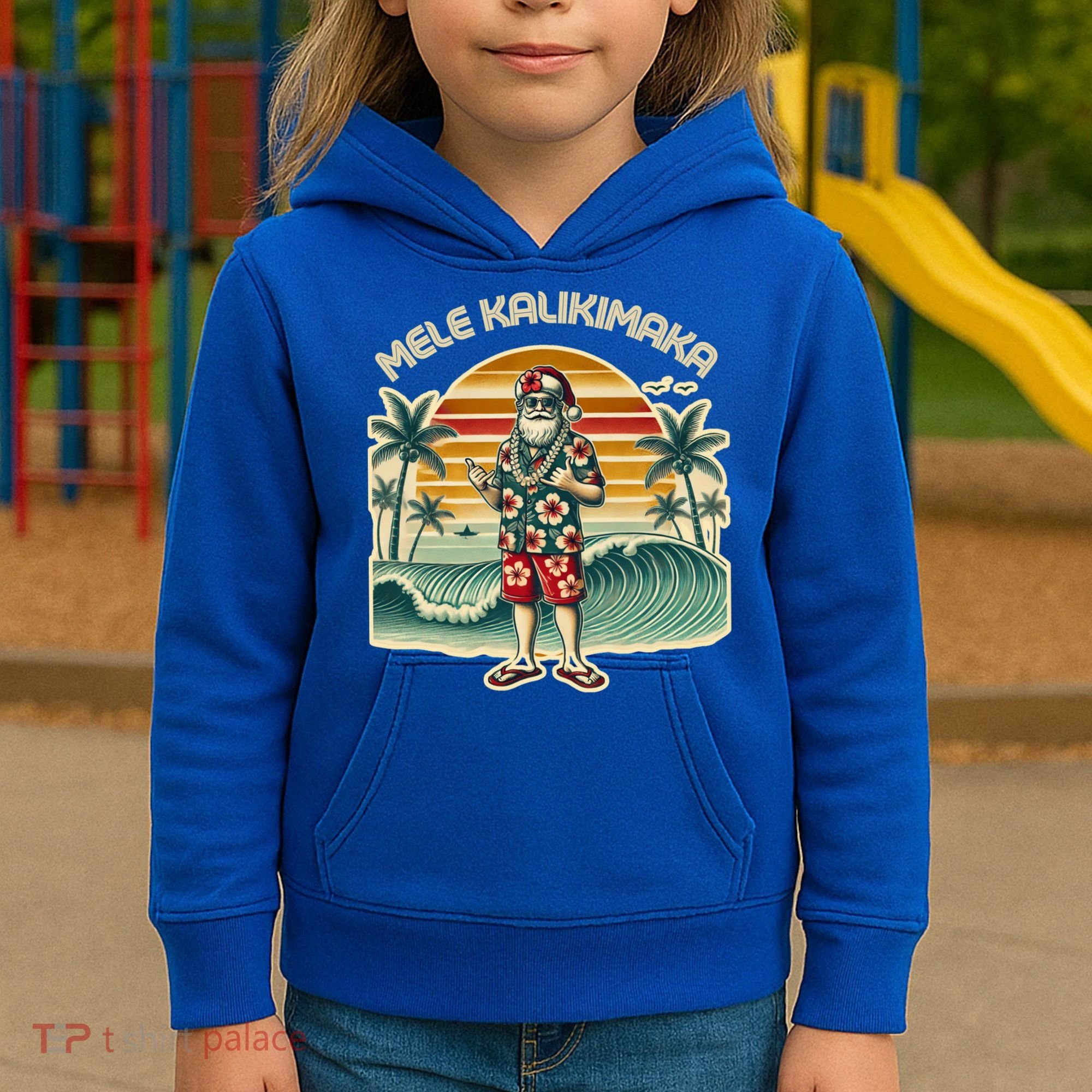 Retro Christmas Surf Mele Kalikimaka Santa Shaka Hawaii Gift Kids Hoodie