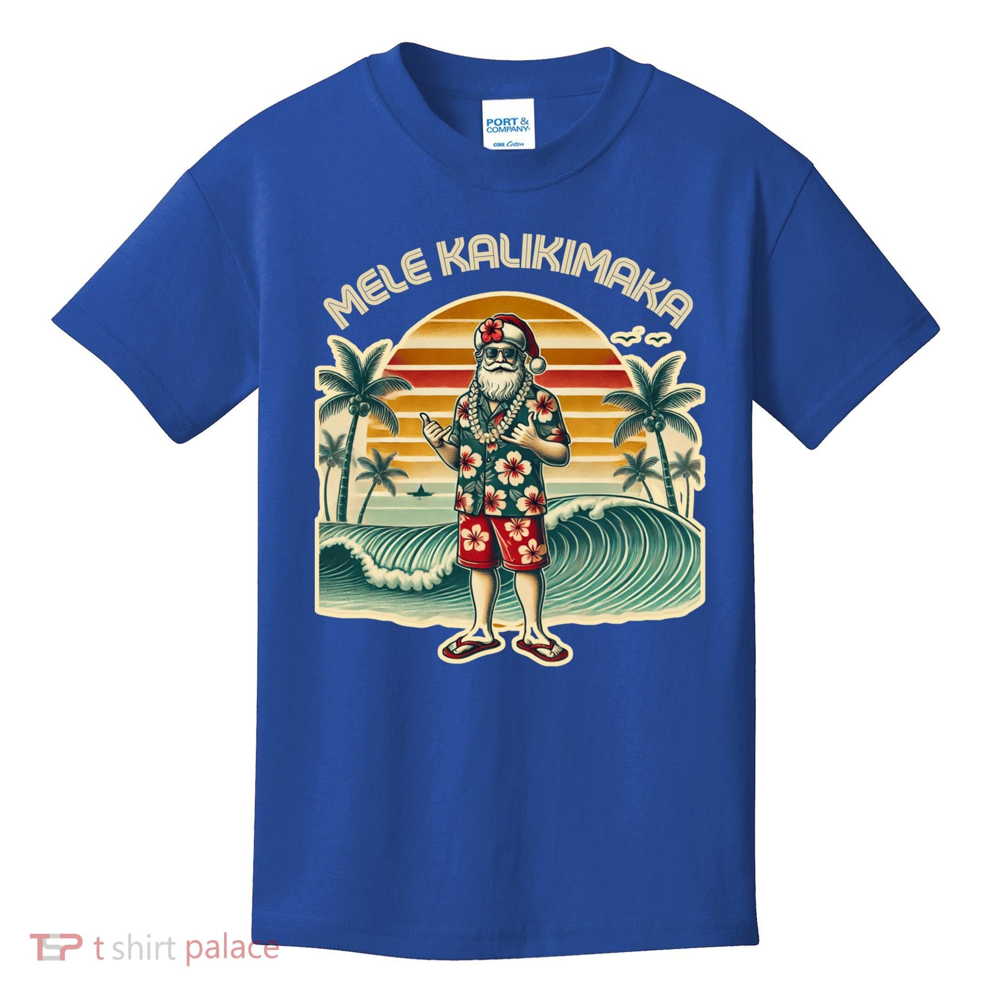 Retro Christmas Surf Mele Kalikimaka Santa Shaka Hawaii Gift Kids T-Shirt