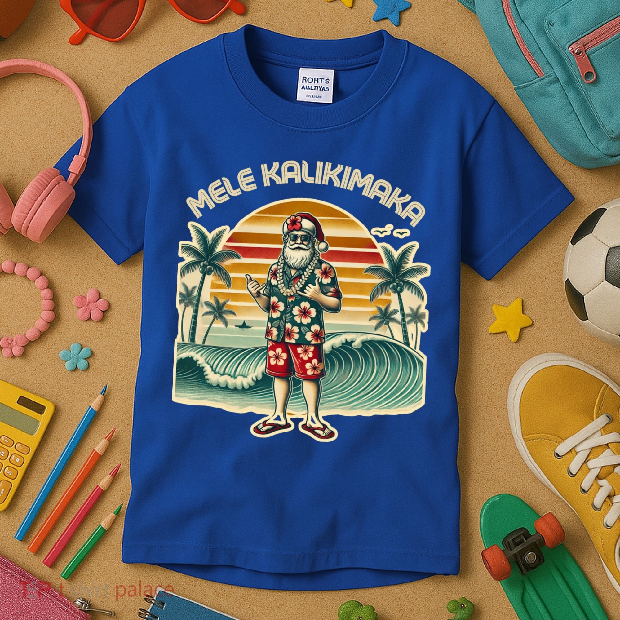 Retro Christmas Surf Mele Kalikimaka Santa Shaka Hawaii Gift Kids T-Shirt