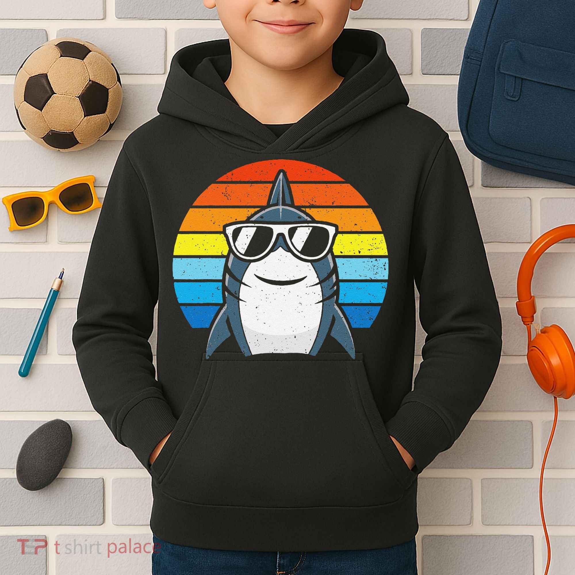 Retro Cool Shark With Sunglasses Funny Shark Kids Hoodie