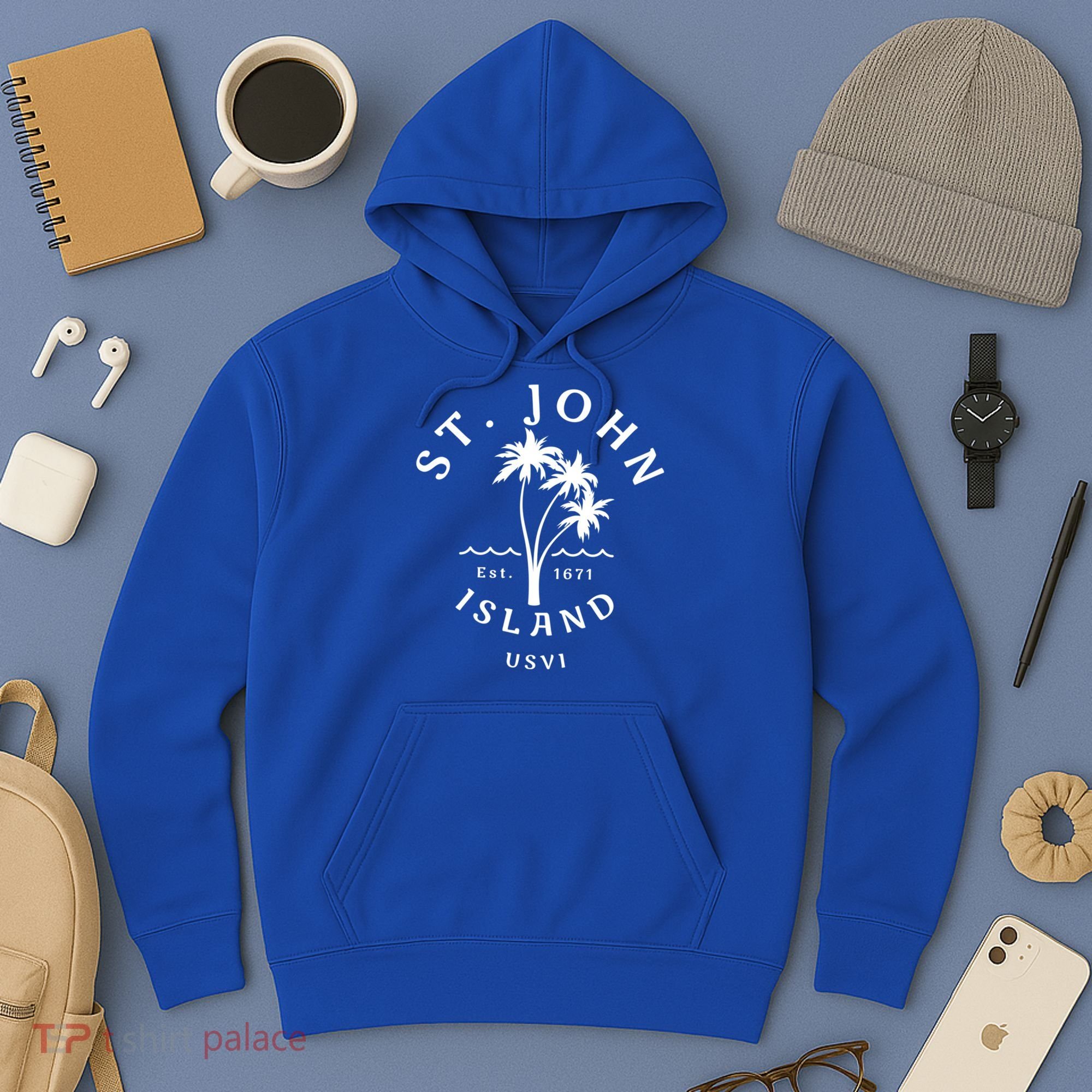Retro Cool St John Usvi Beach Palm Tree Novelty Souvenir Gift Hoodie