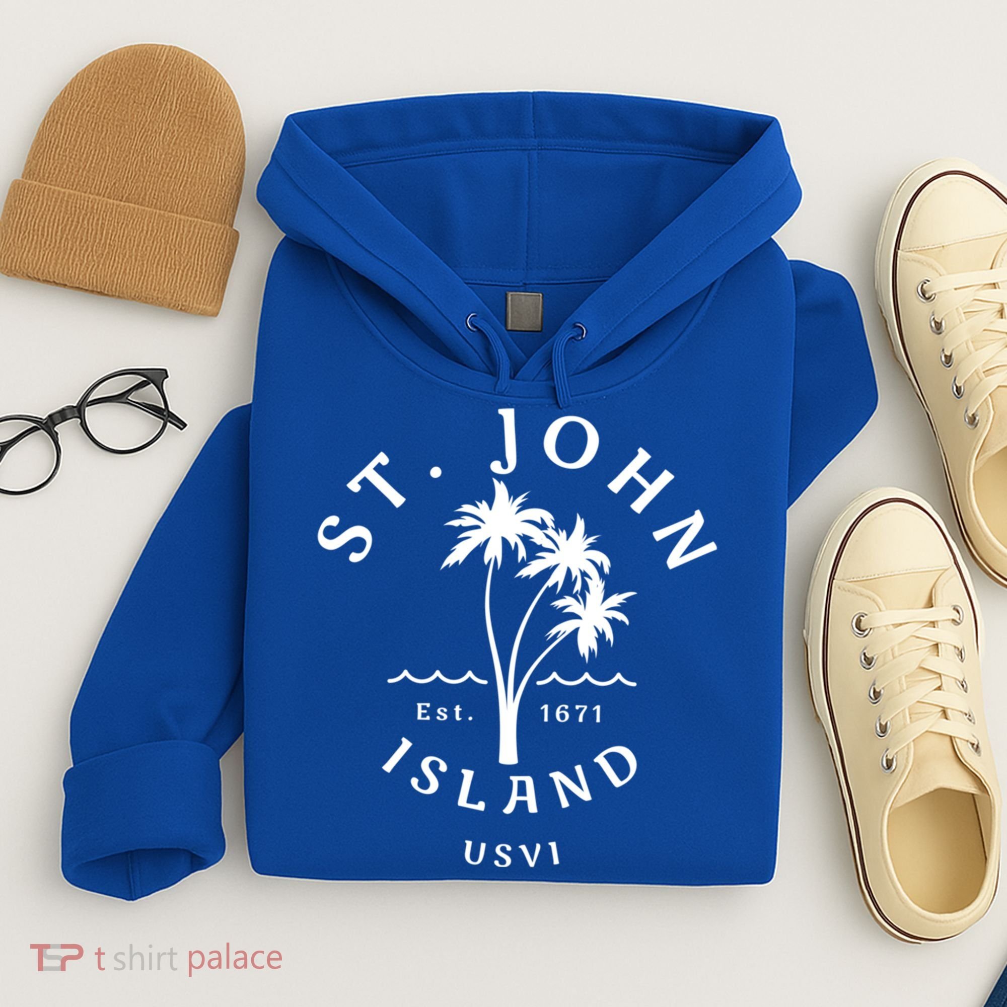 Retro Cool St John Usvi Beach Palm Tree Novelty Souvenir Gift Hoodie