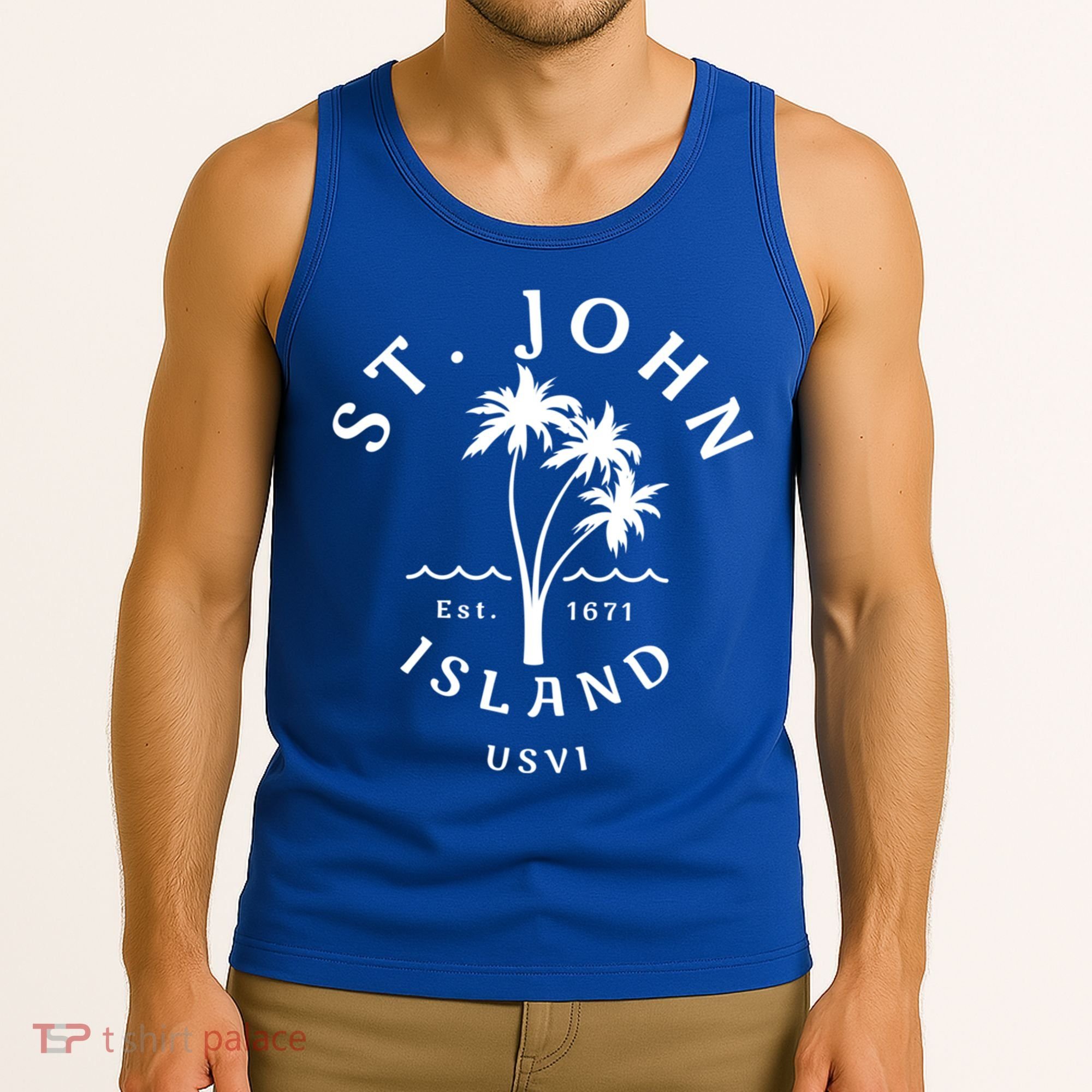 Retro Cool St John Usvi Beach Palm Tree Novelty Souvenir Gift Tank Top
