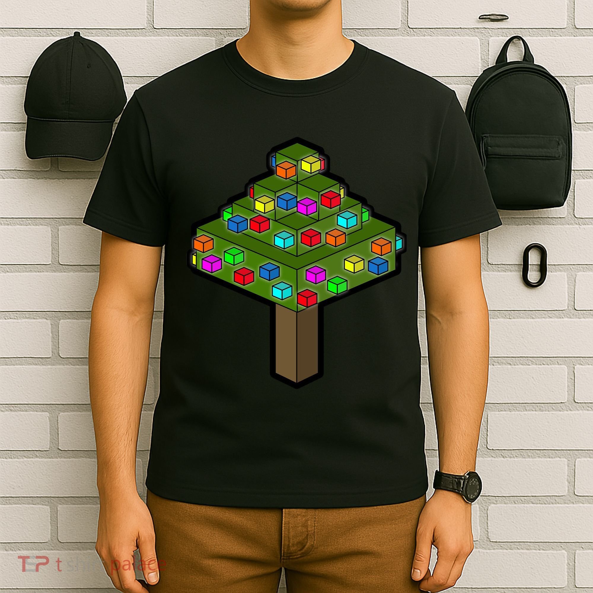 Retro Christmas Tree Blocks Gaming Craft T-Shirt