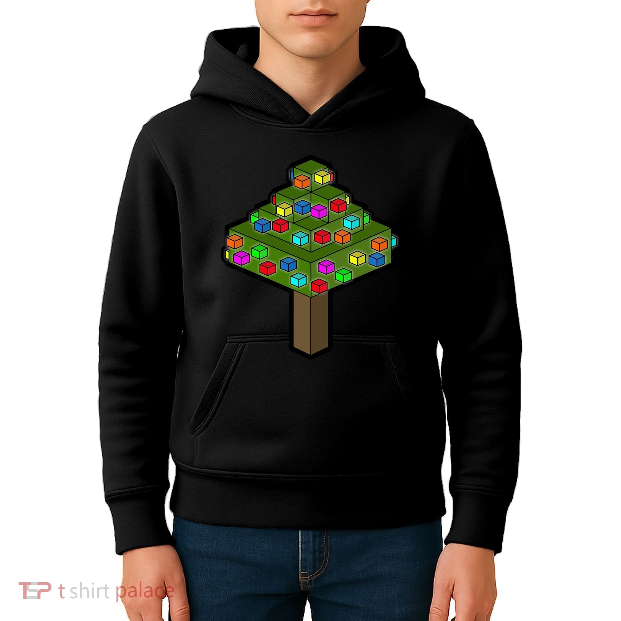 Retro Christmas Tree Blocks Gaming Craft Kids Hoodie