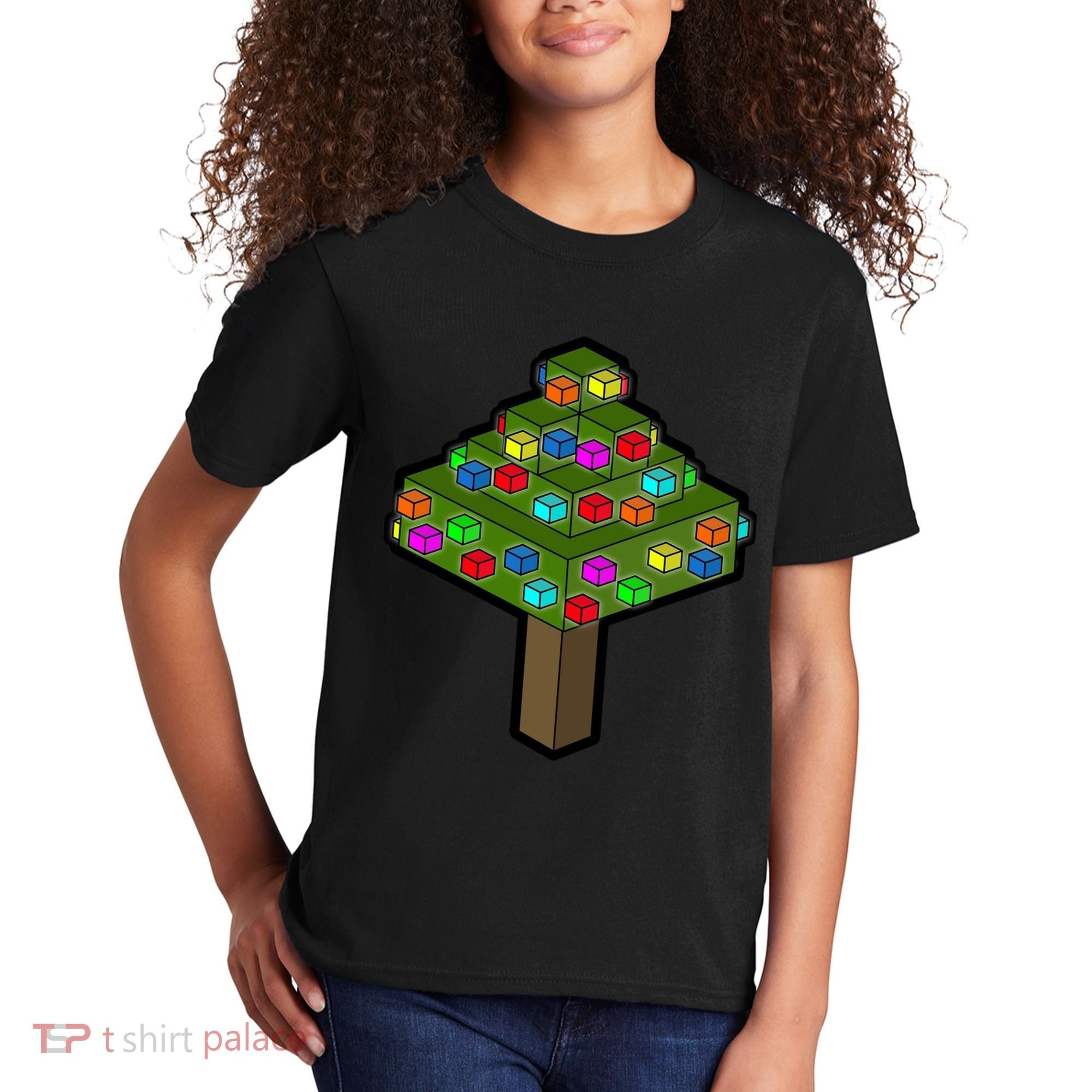 Retro Christmas Tree Blocks Gaming Craft Kids T-Shirt