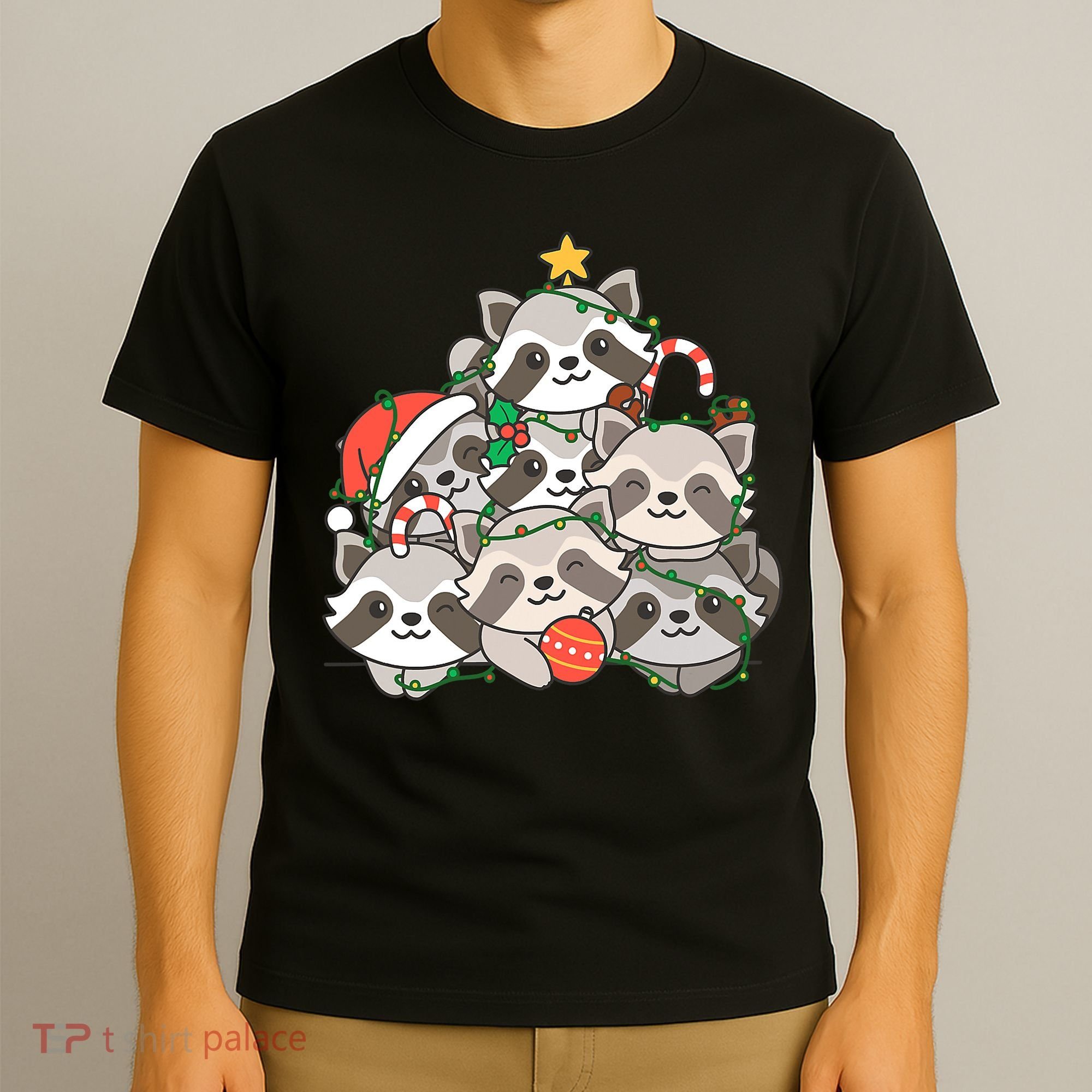 Raccoon Christmas Tree Lights Pajama Racoon Lover Xmas Gifts T-Shirt