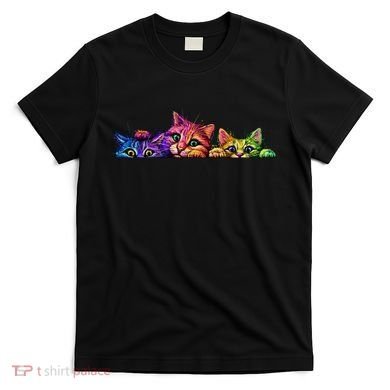 Realistic Cat Trio Colorful Abstract Design T-Shirt