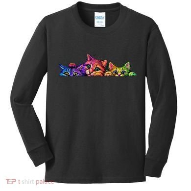 Realistic Cat Trio Colorful Abstract Design Kids Long Sleeve Shirt