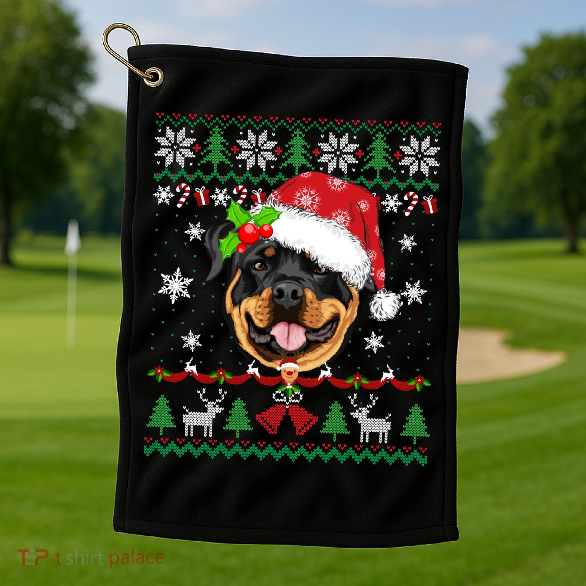 Rottweiler Christmas Ugly Sweater Rottweiler Tree Light Xmas Gift Golf Towel