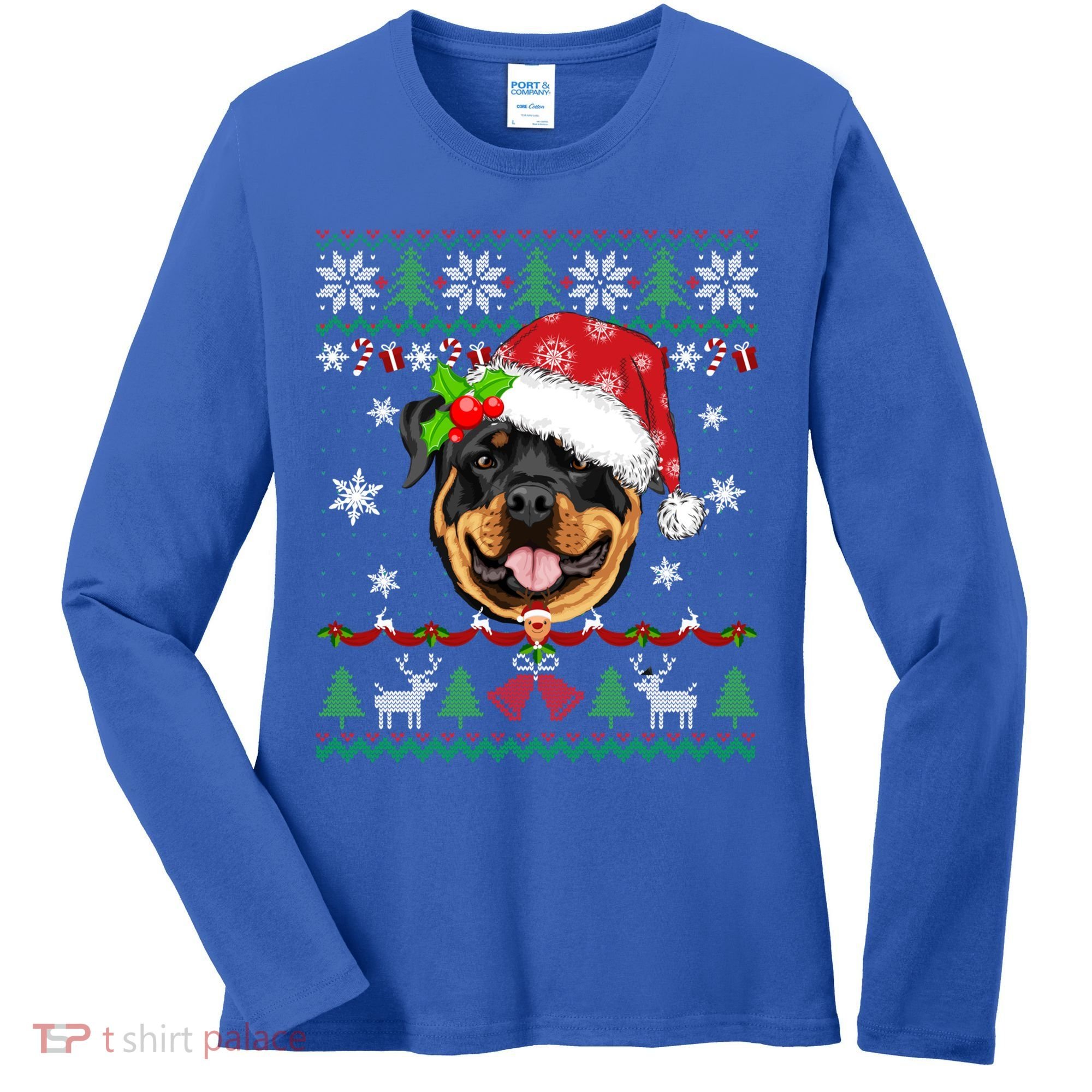 Rottweiler Christmas Ugly Sweater Rottweiler Tree Light Xmas Gift Women's Long Sleeve Shirt
