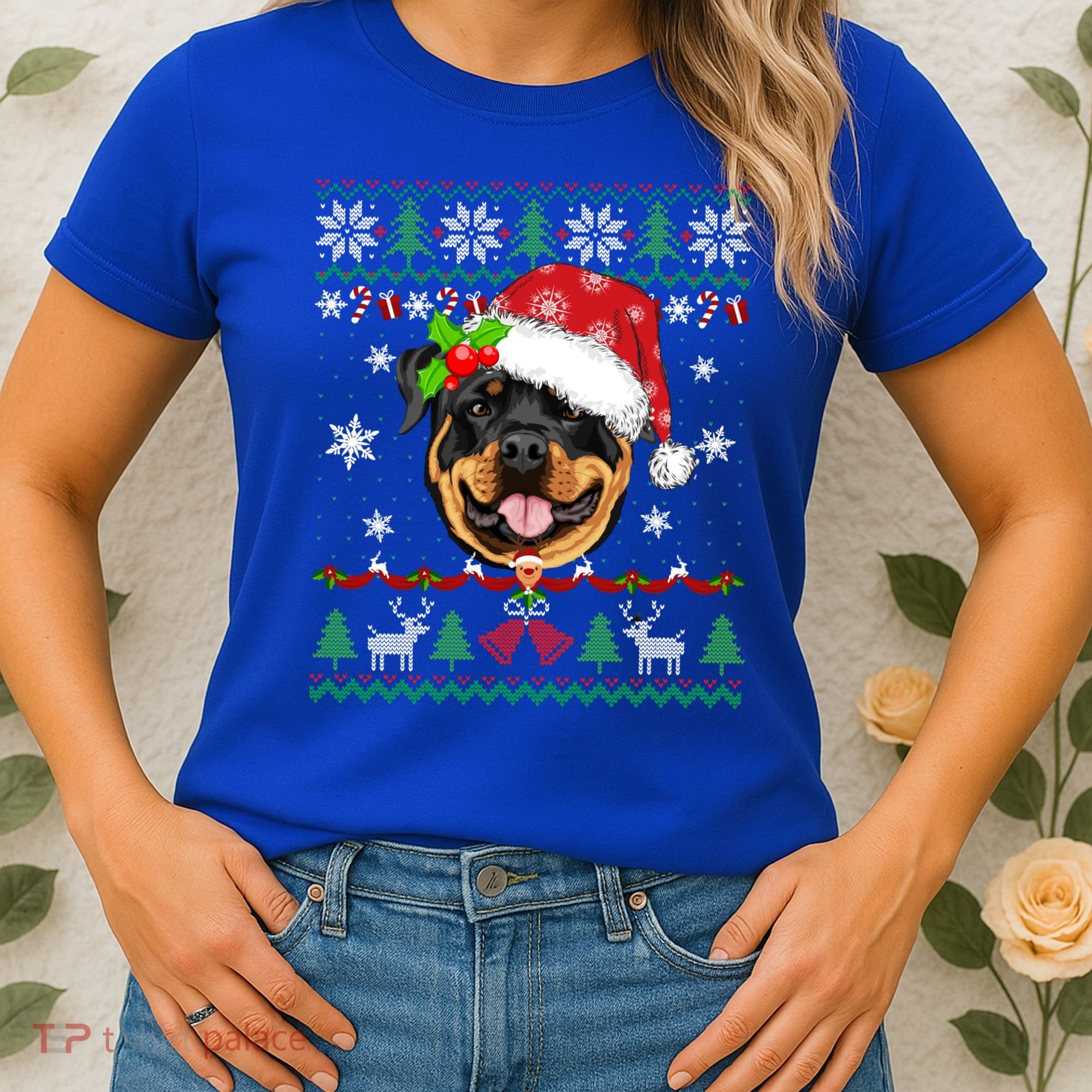 Rottweiler Christmas Ugly Sweater Rottweiler Tree Light Xmas Gift Women's T-Shirt