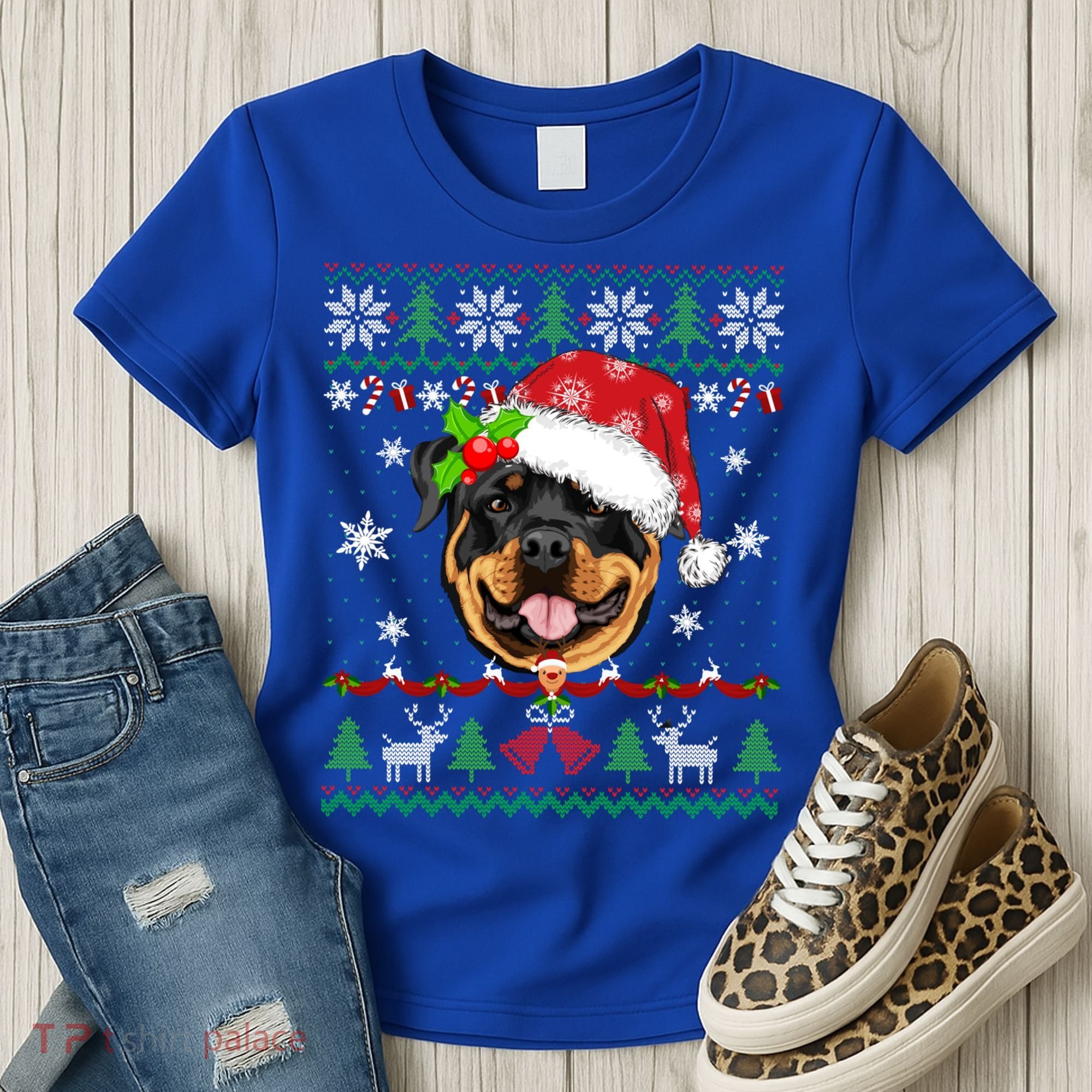 Rottweiler Christmas Ugly Sweater Rottweiler Tree Light Xmas Gift Women's T-Shirt