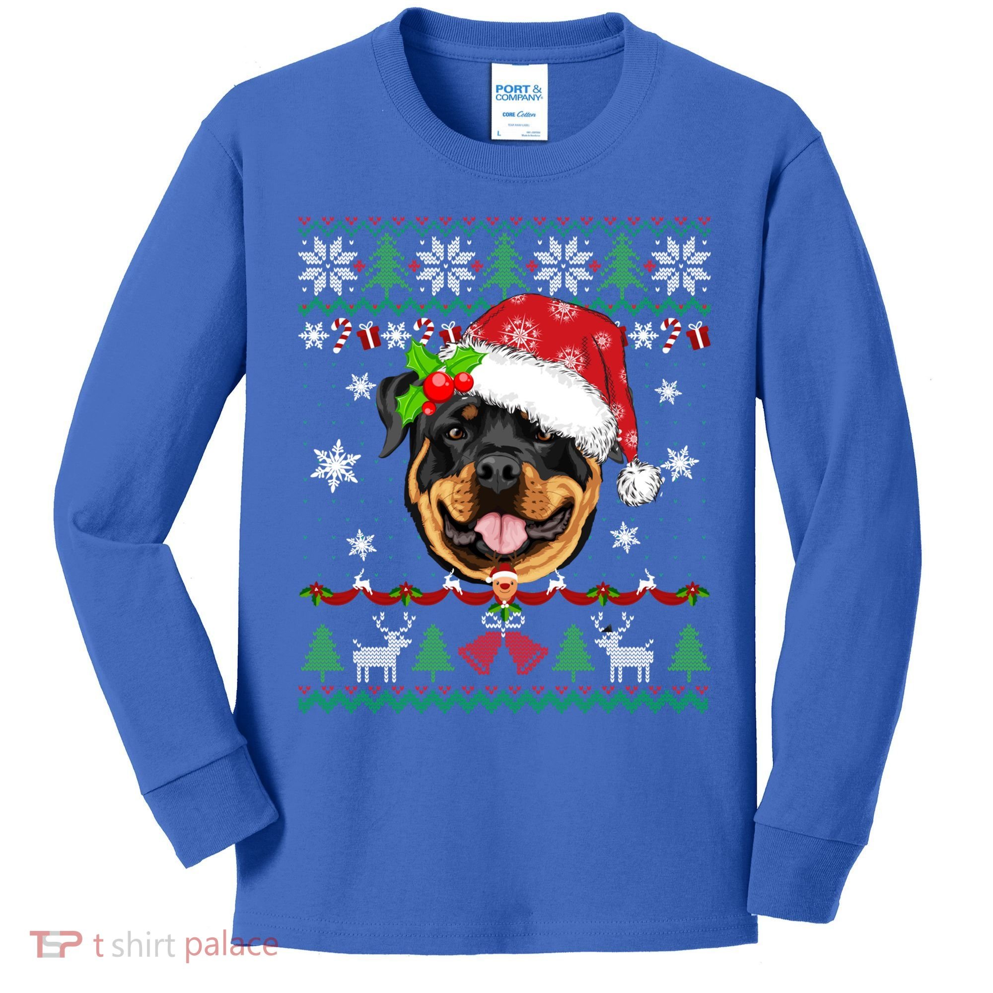 Rottweiler Christmas Ugly Sweater Rottweiler Tree Light Xmas Gift Kids Long Sleeve Shirt