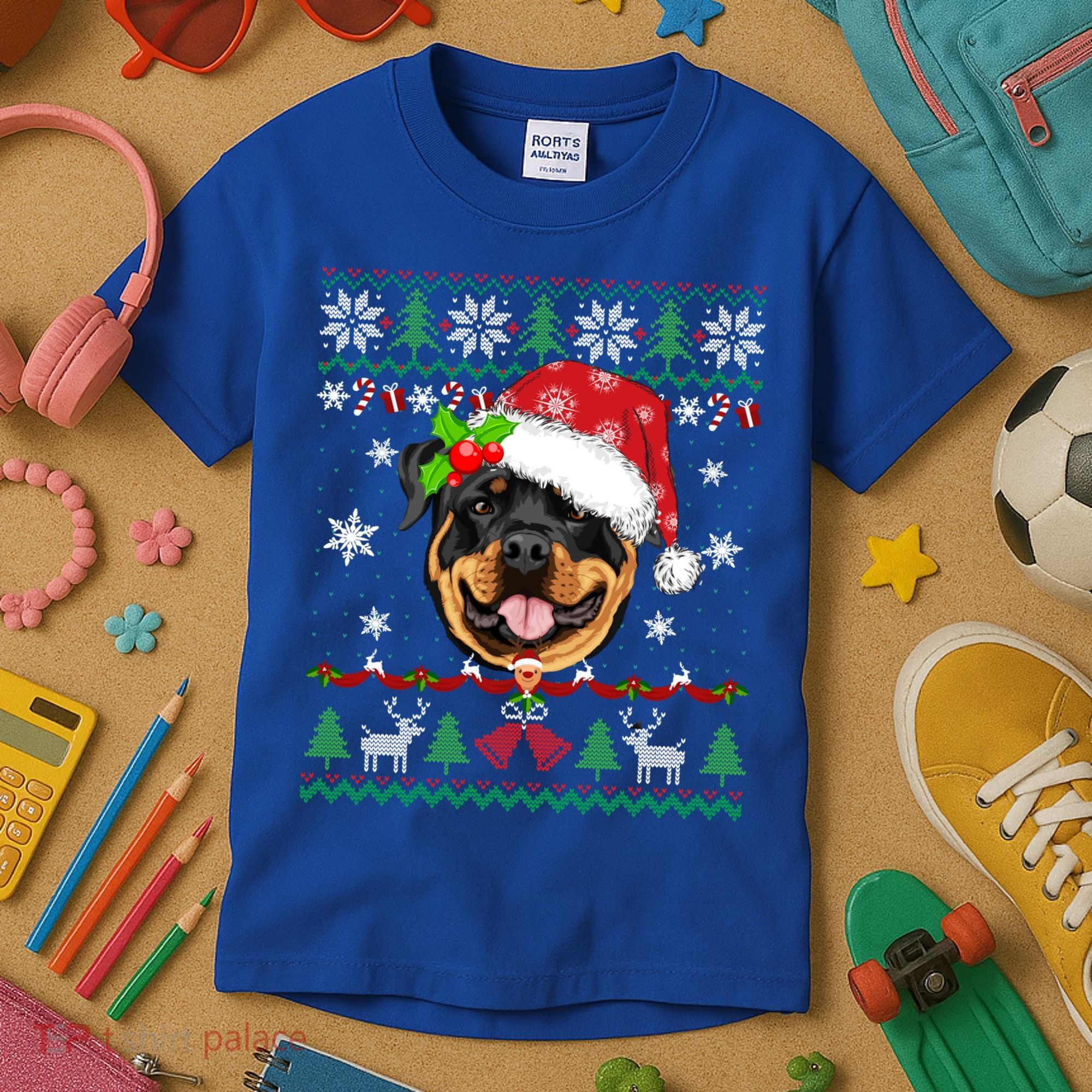 Rottweiler Christmas Ugly Sweater Rottweiler Tree Light Xmas Gift Kids T-Shirt
