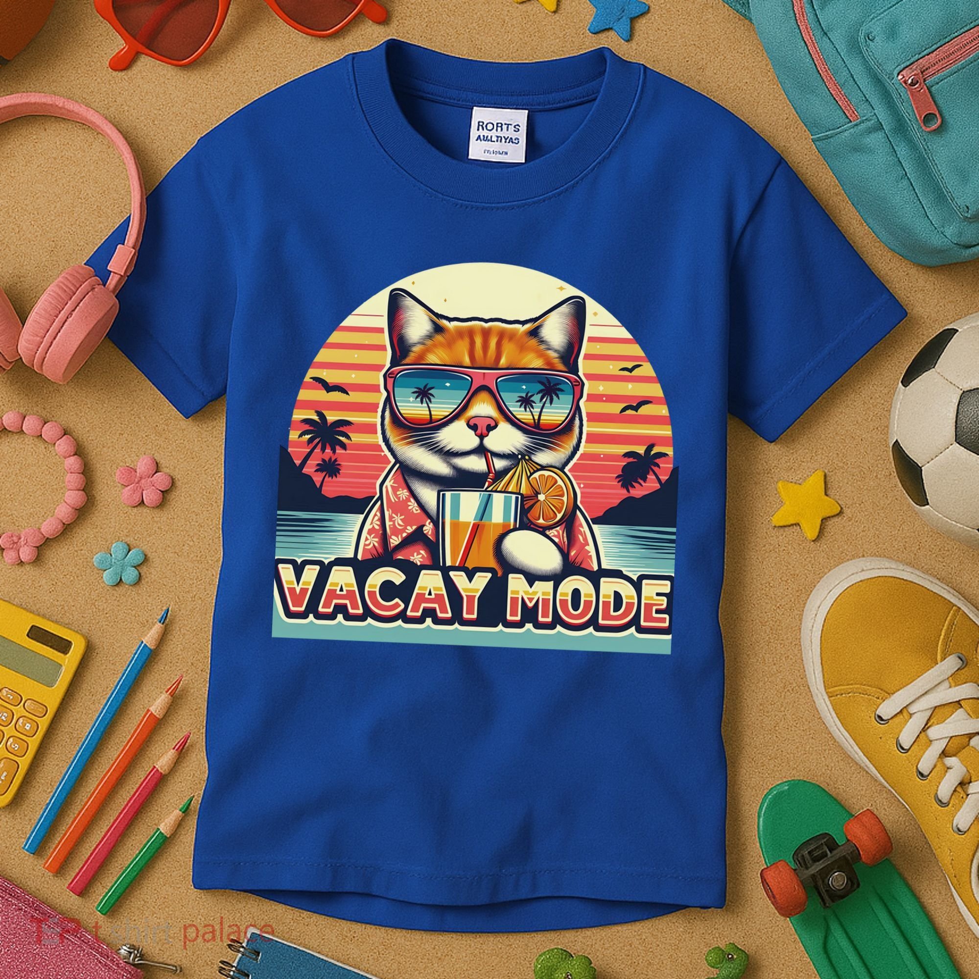 Retro Cat Vacation Summer Family Beach Trip Vacay Mode Ocean Great Gift Kids T-Shirt