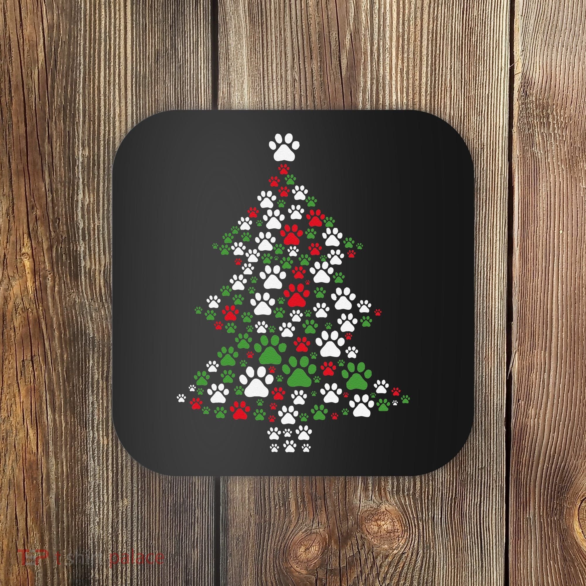 Retro Cute Xmas Dog Paw Print Christmas Tree Puppy Lover Coaster