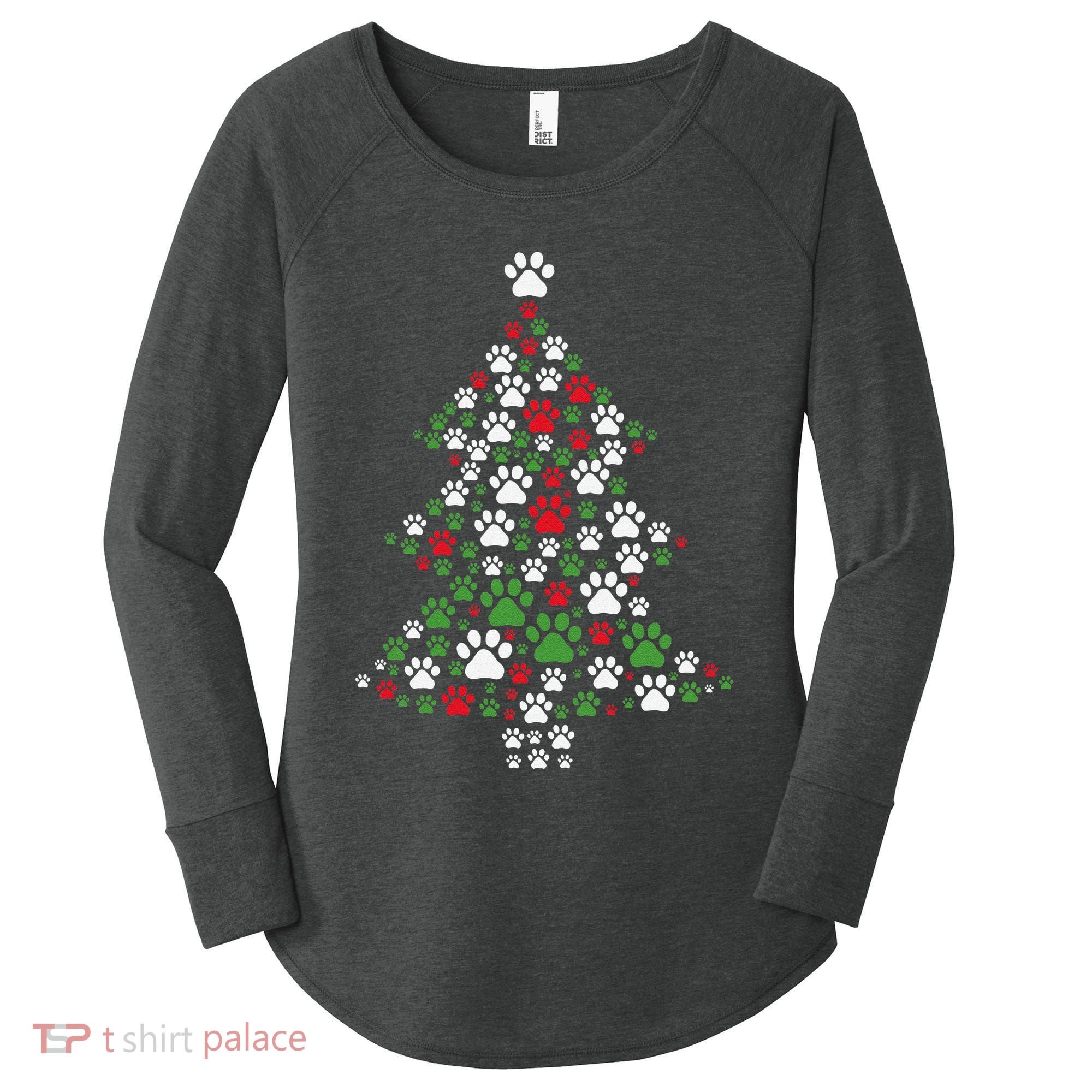 Retro Cute Xmas Dog Paw Print Christmas Tree Puppy Lover Women's Perfect Tri Tunic Long Sleeve Shirt
