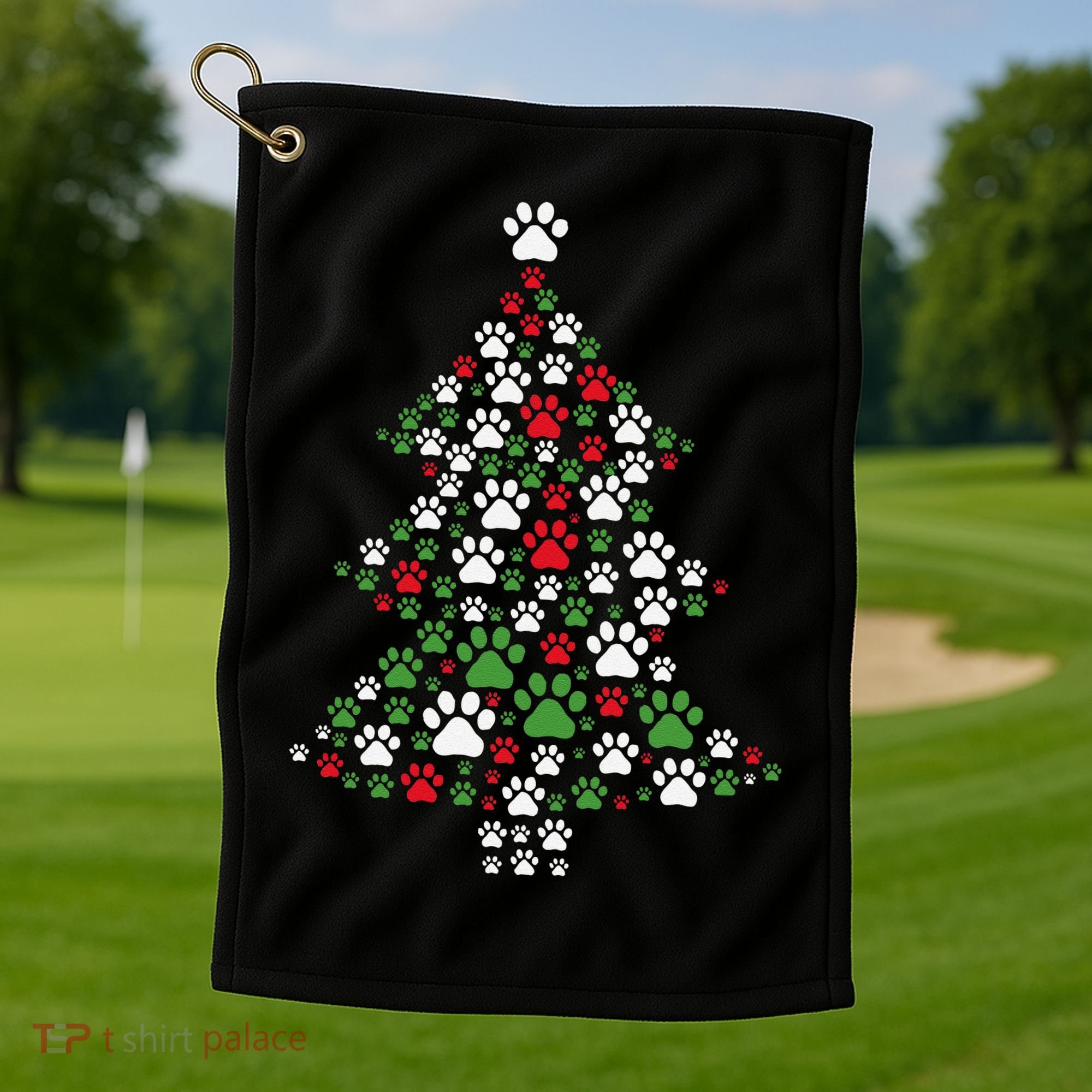 Retro Cute Xmas Dog Paw Print Christmas Tree Puppy Lover Golf Towel