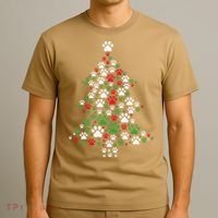 Retro Cute Xmas Dog Paw Print Christmas Tree Puppy Lover T-Shirt thumb 3