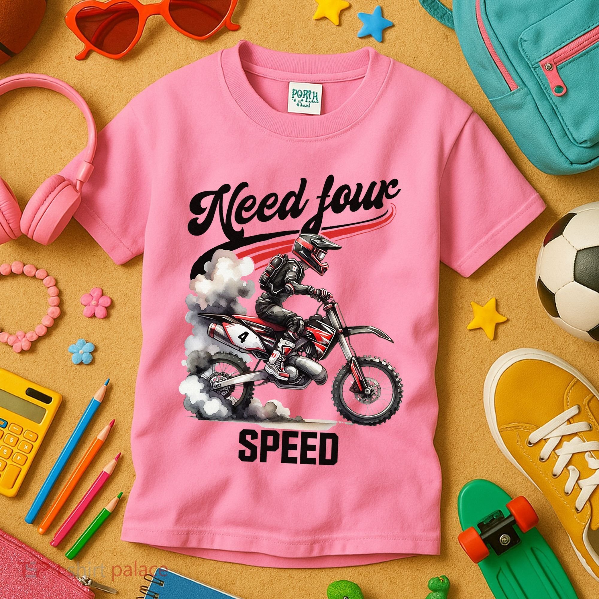 Retro Dirt Bike 4th Birthday Need Four Speed Kids T-Shirt