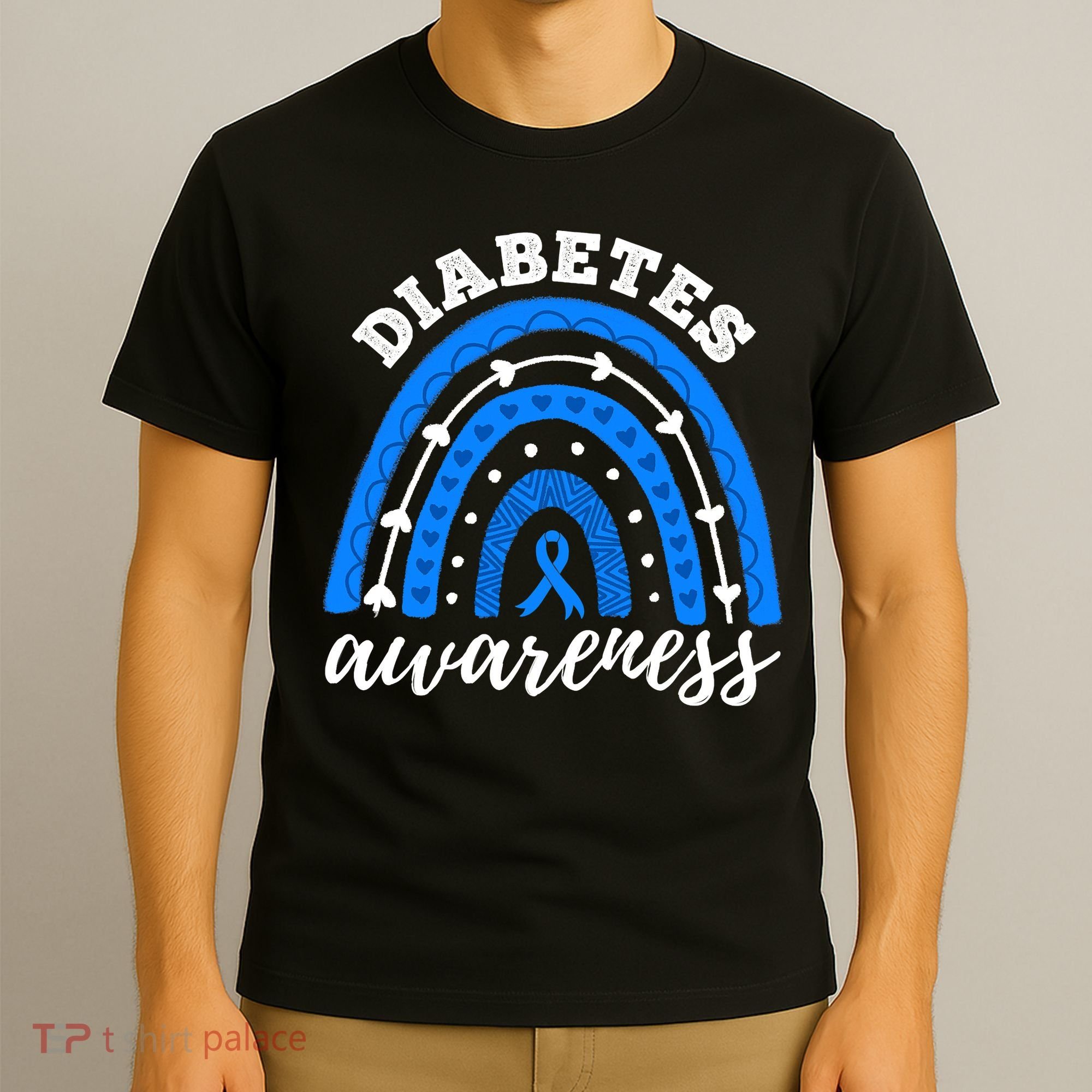 Rainbow Diabetes Blue Ribbon T1D Type 1 Awareness T-Shirt