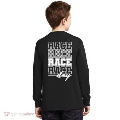 Race Day Checkered Flag Racing Fan Front And Back Kids Long Sleeve Shirt back