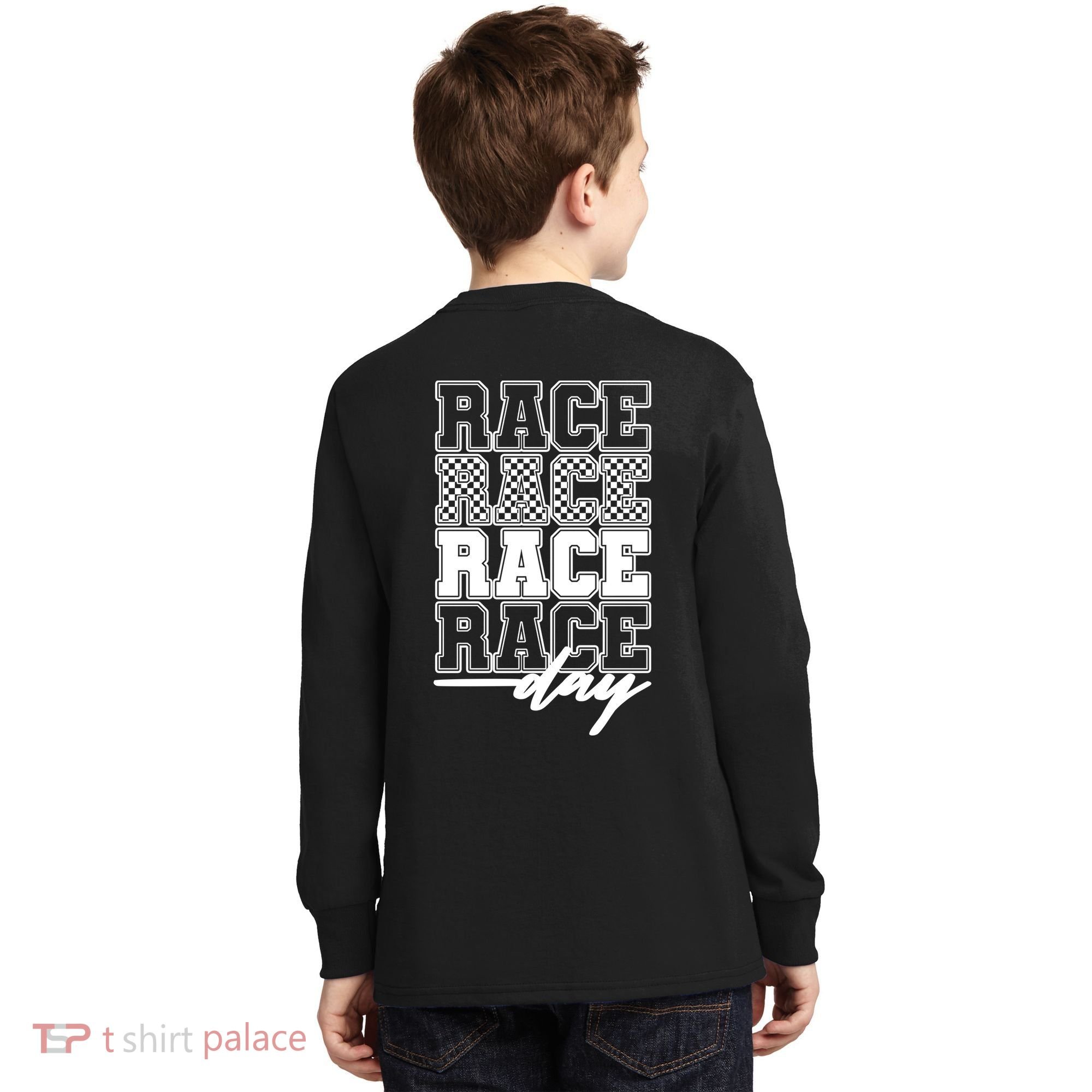 Race Day Checkered Flag Racing Fan Front And Back Kids Long Sleeve Shirt