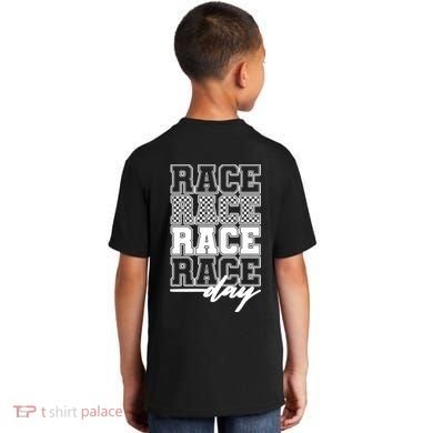 Race Day Checkered Flag Racing Fan Front And Back Kids T-Shirt back