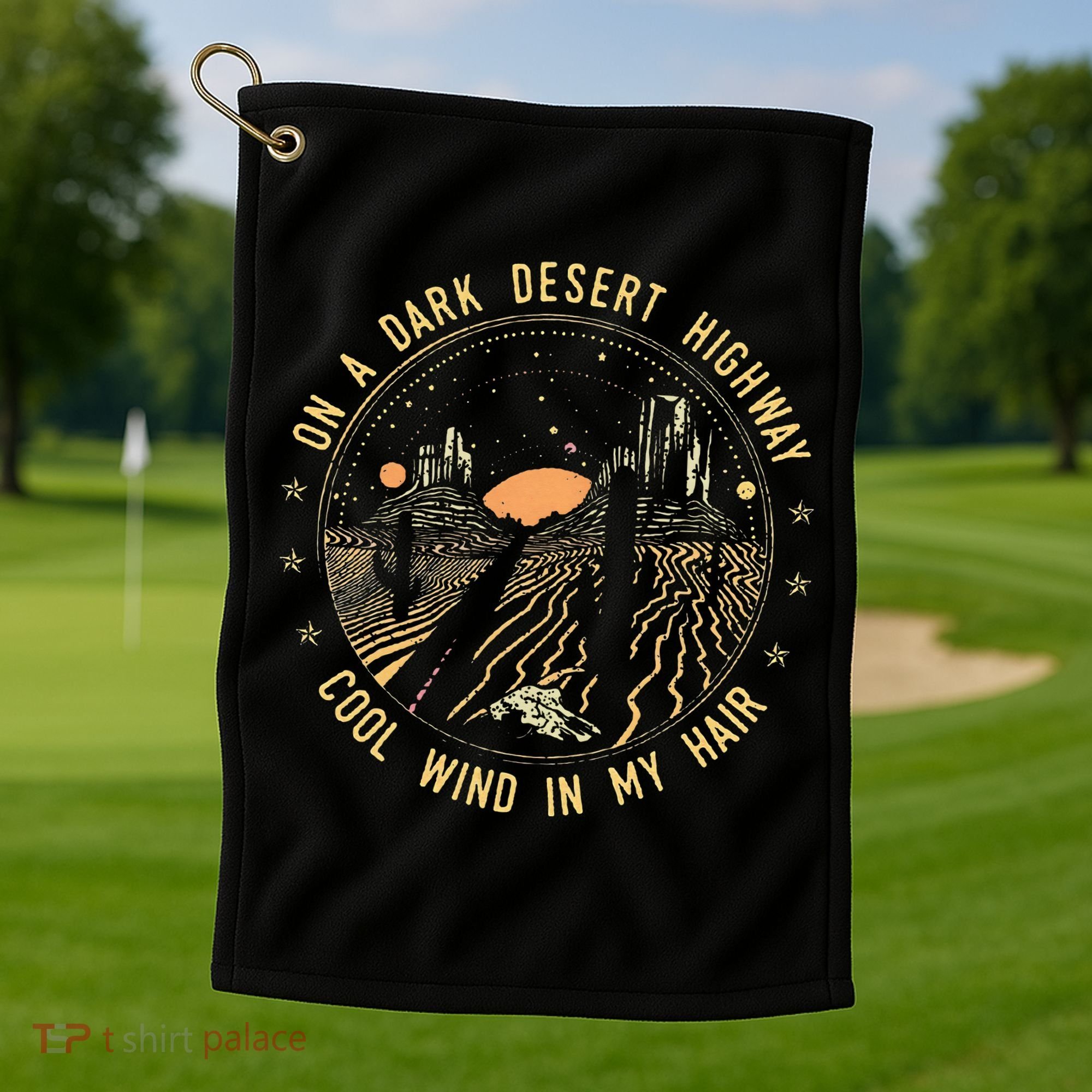 Retro Dark Desert Highway Adventure Camping Golf Towel