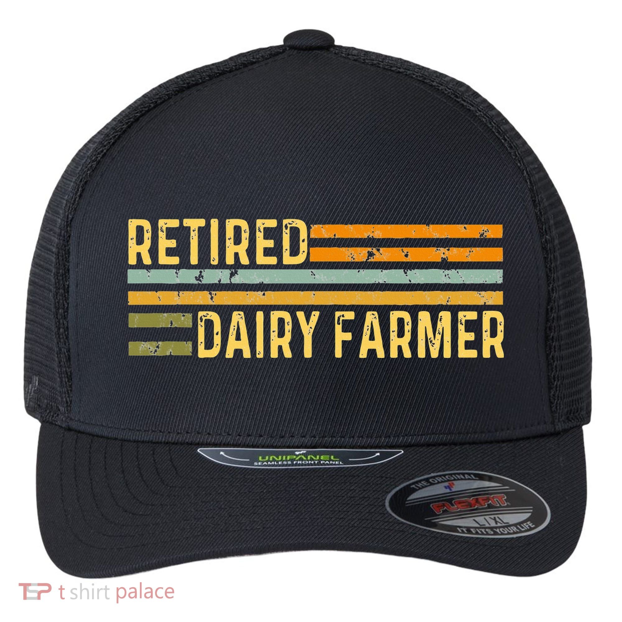 Retired Dairy Farmer Distressed Retirement Retire Cow Cattle Flexfit Unipanel Trucker Cap