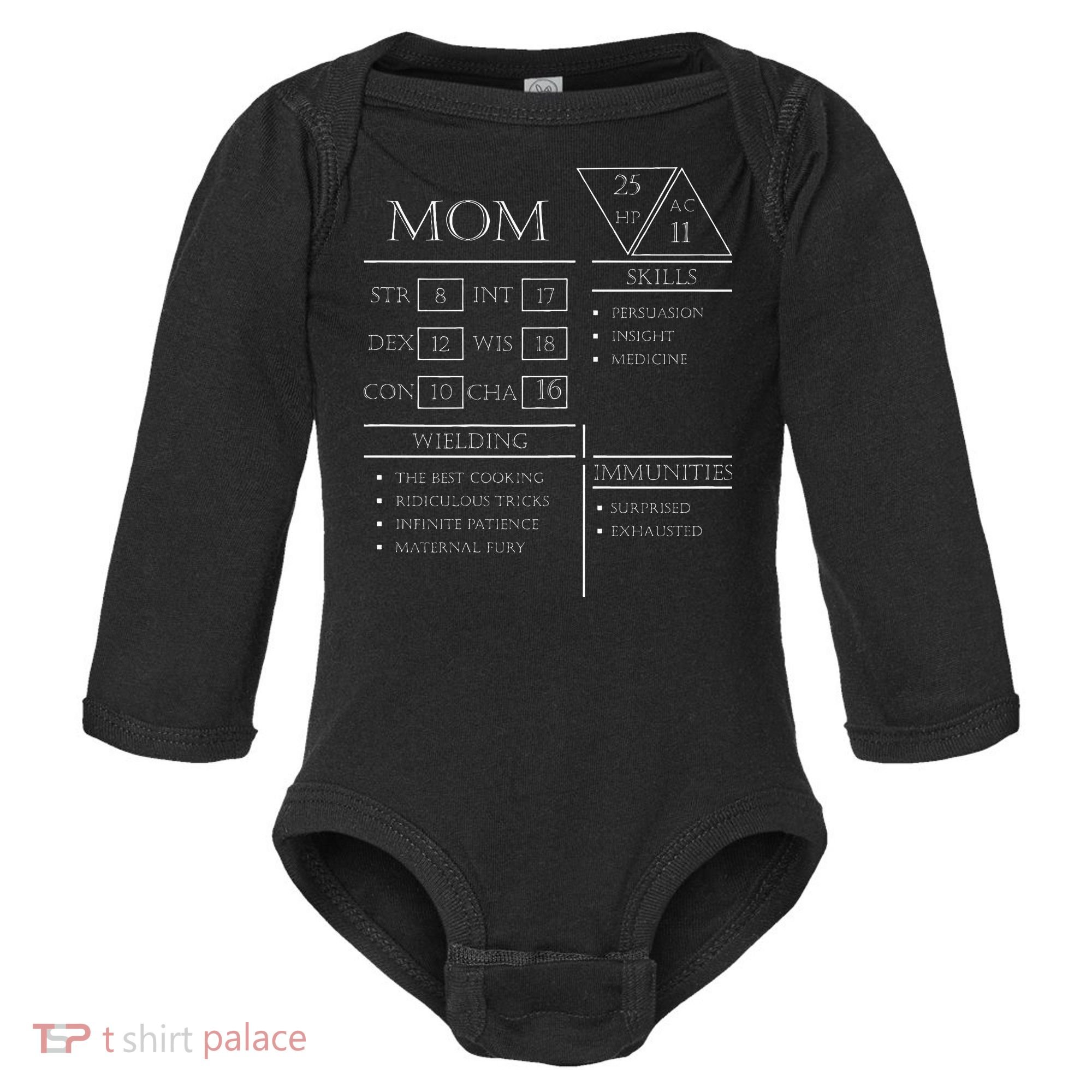Roleplaying Dice Gamer Dragon Mom Stat Skills Wielding Baby Long Sleeve Bodysuit