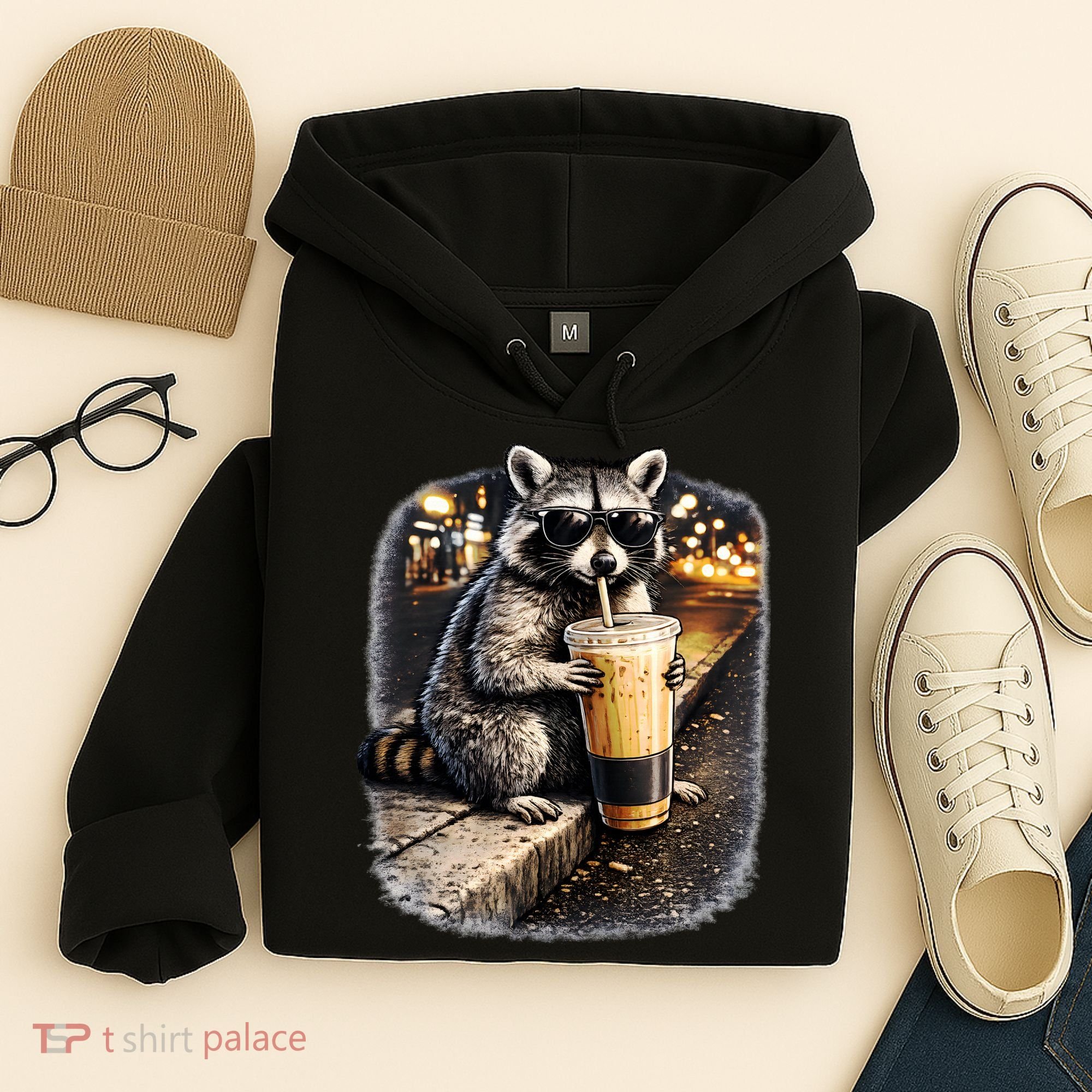 Raccoon Drinking Iced Coffee Hoodie