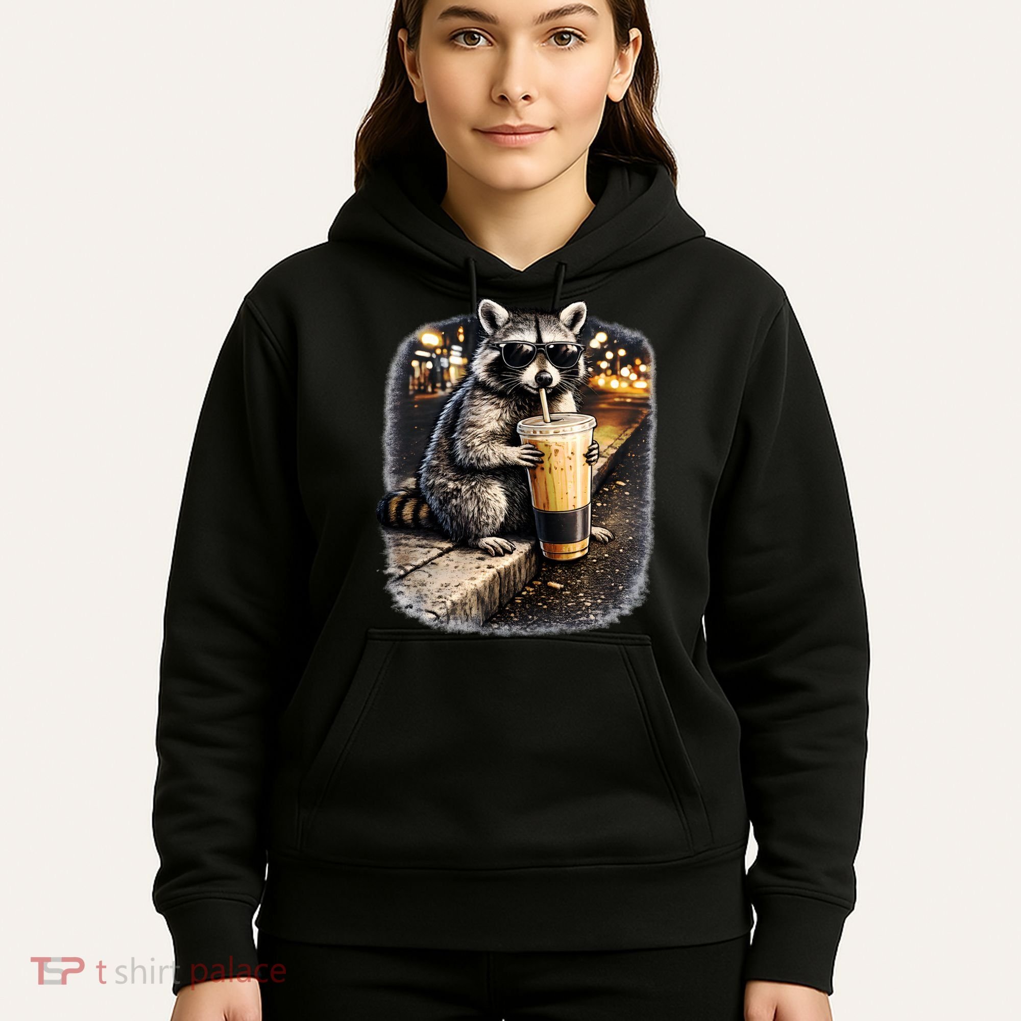 Raccoon Drinking Iced Coffee Hoodie