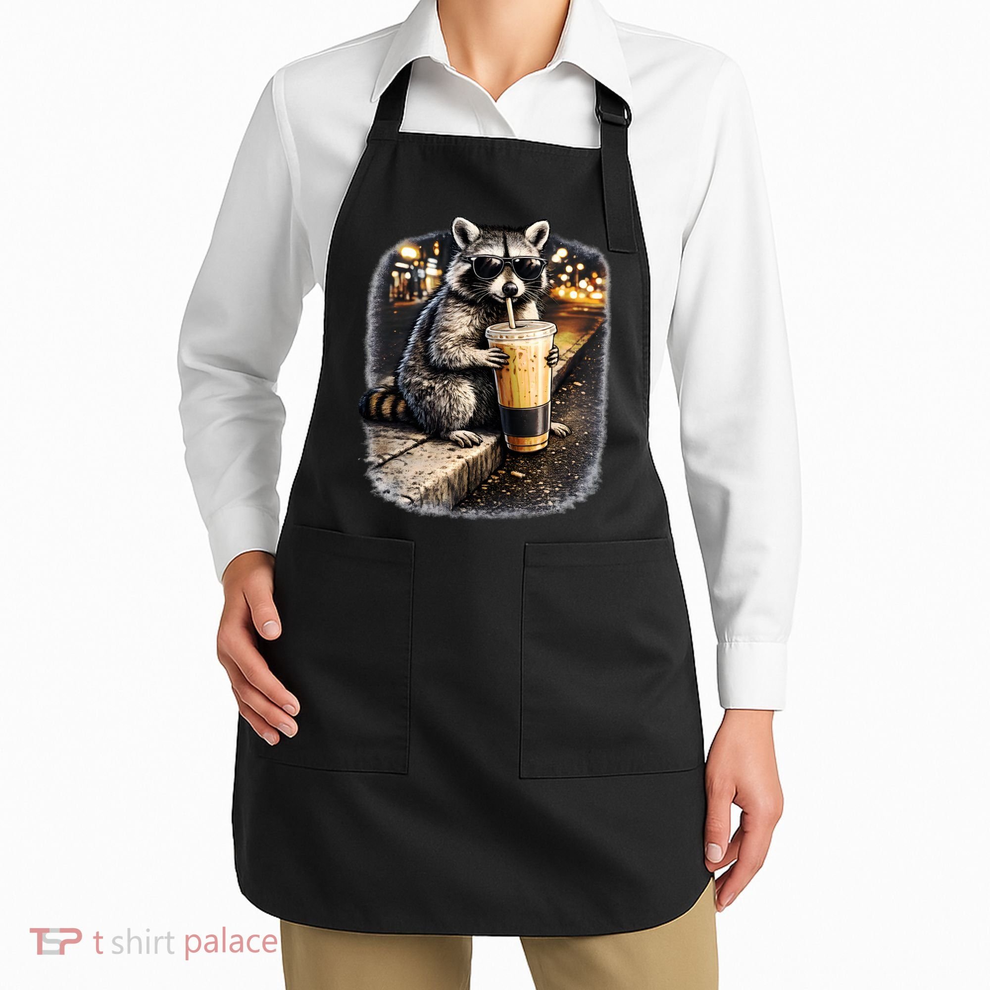 Raccoon Drinking Iced Coffee Apron