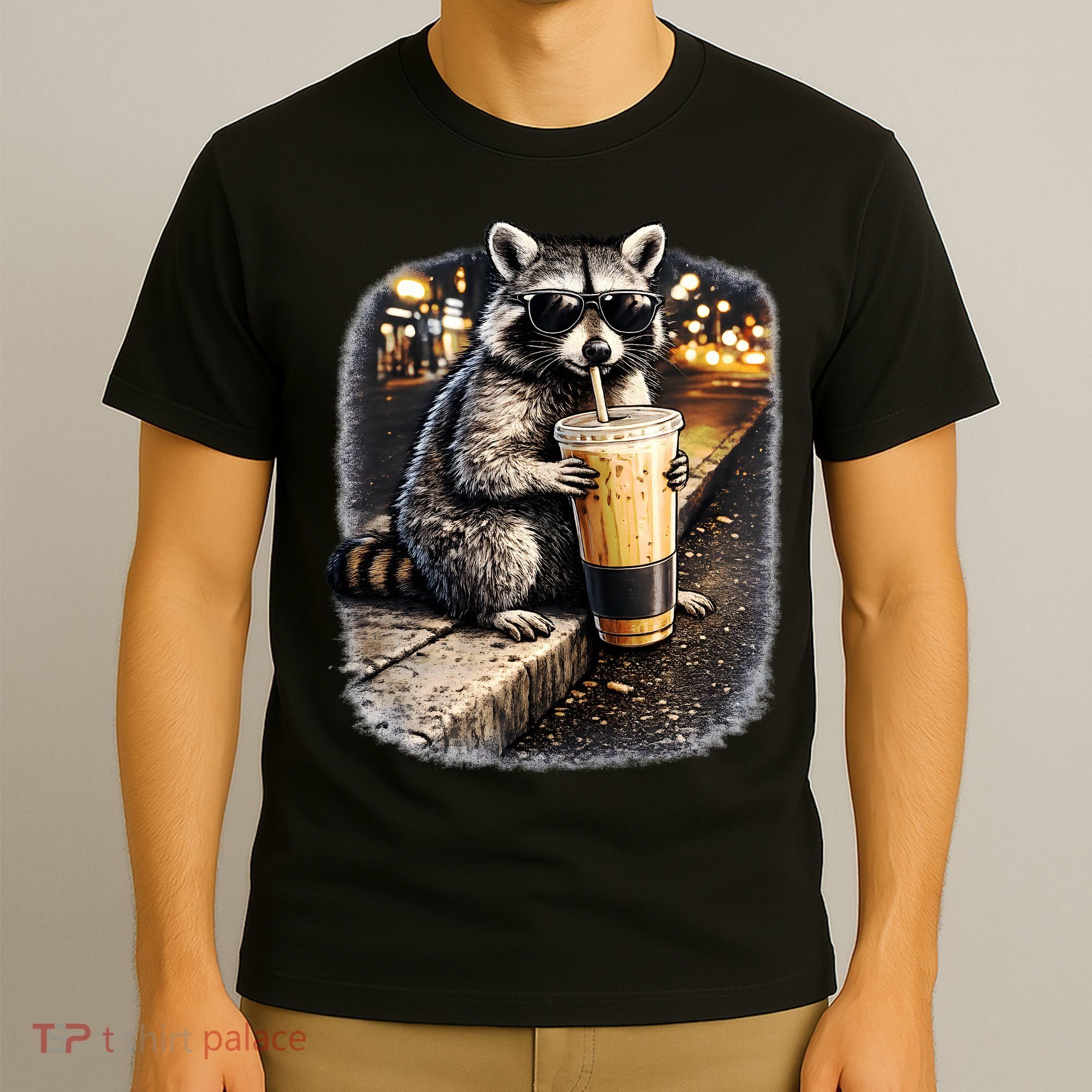 Raccoon Drinking Iced Coffee T-Shirt