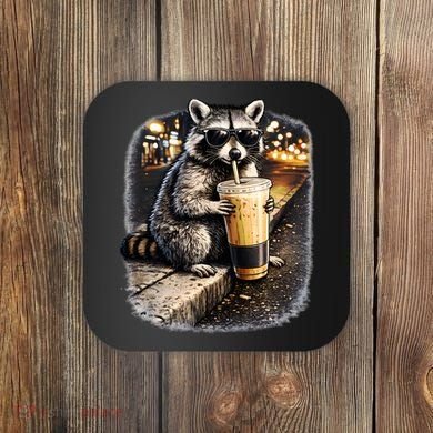 Raccoon Drinking Iced Coffee Coaster