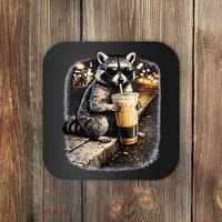 Raccoon Drinking Iced Coffee Coaster thumb 0