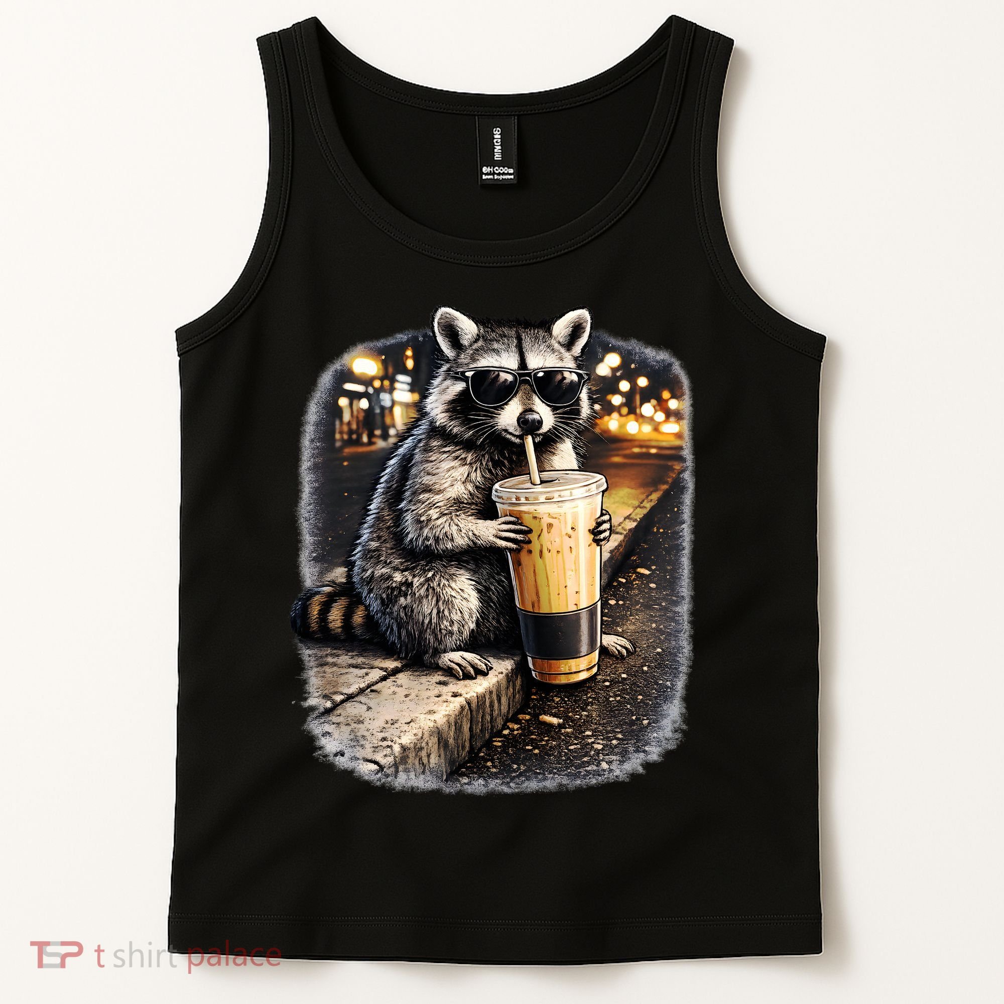 Raccoon Drinking Iced Coffee Tank Top
