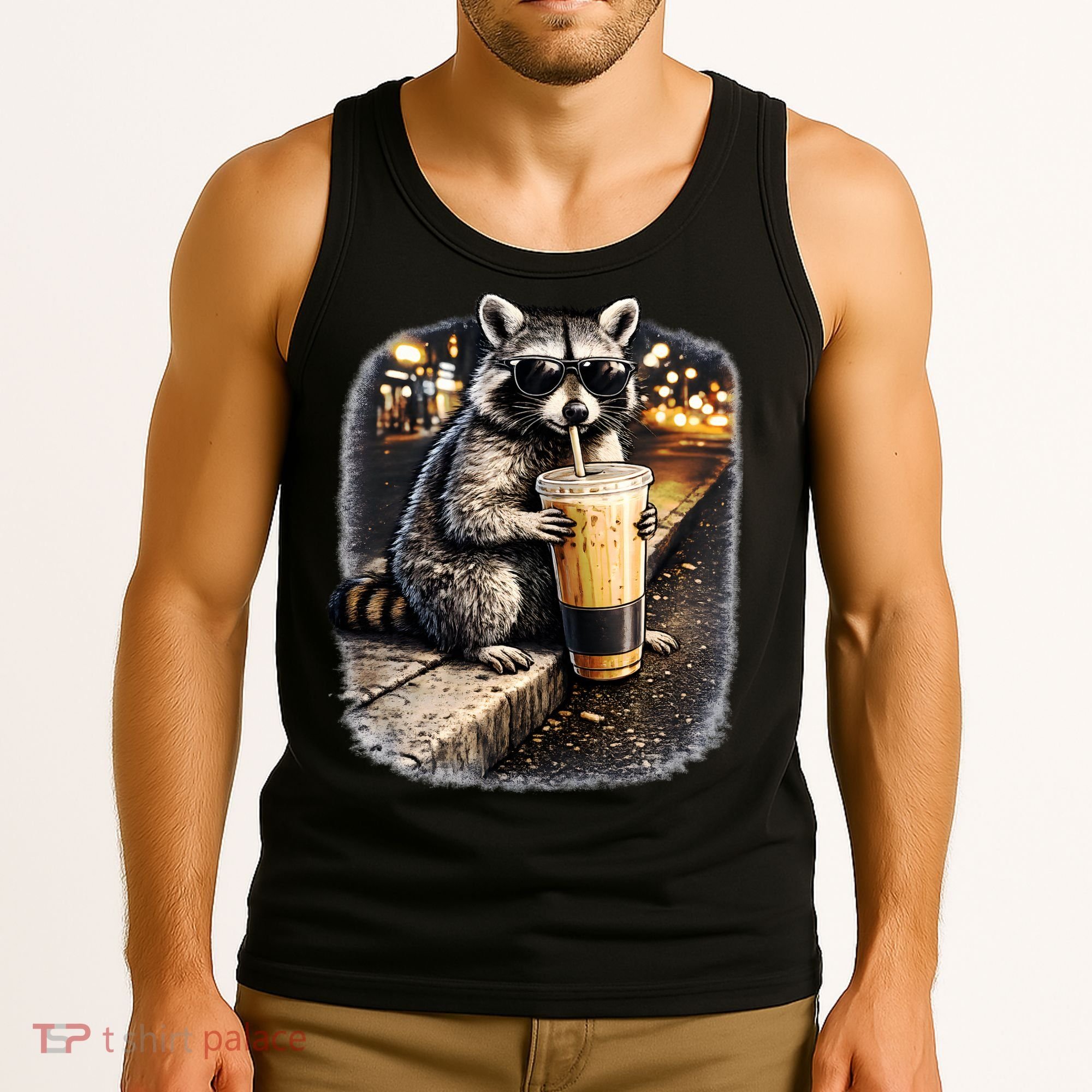 Raccoon Drinking Iced Coffee Tank Top