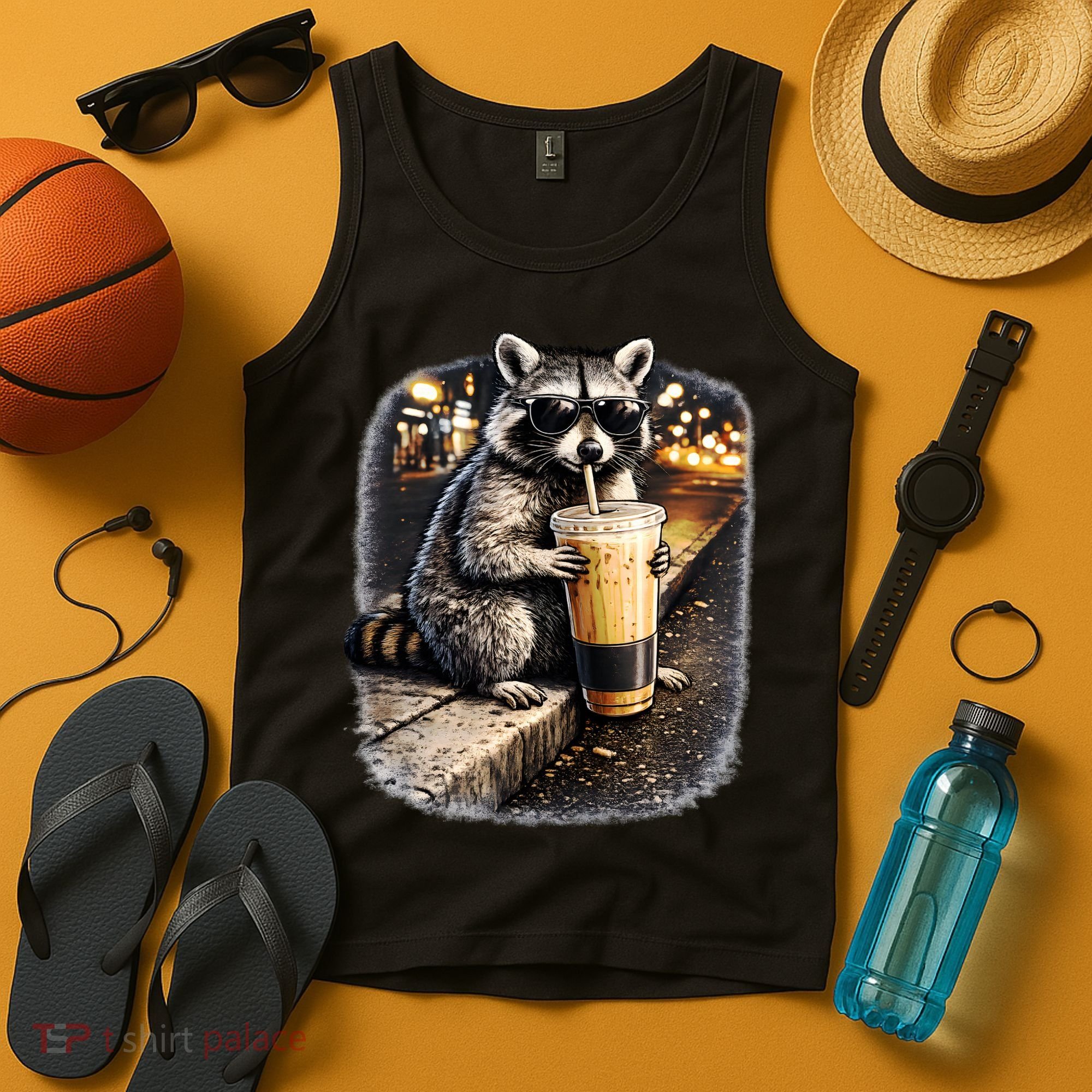 Raccoon Drinking Iced Coffee Tank Top
