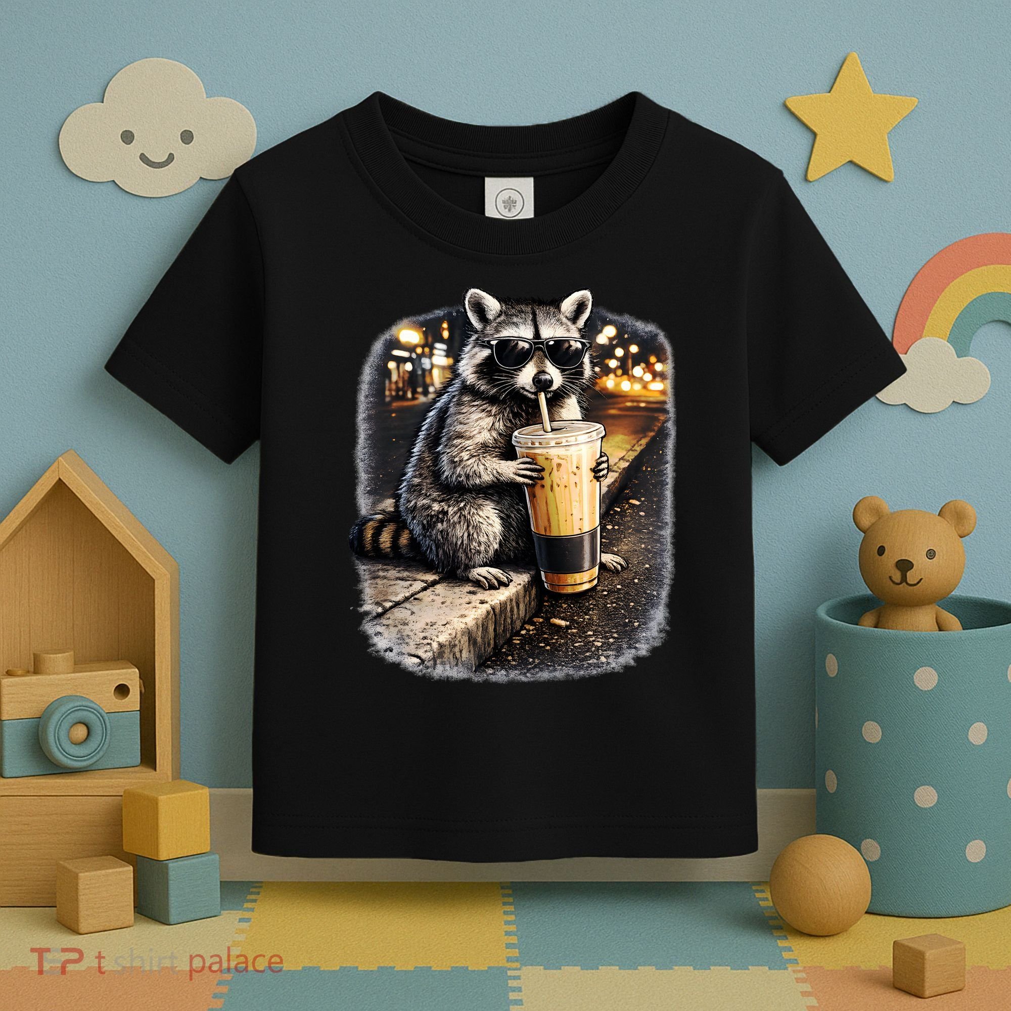Raccoon Drinking Iced Coffee Toddler T-Shirt