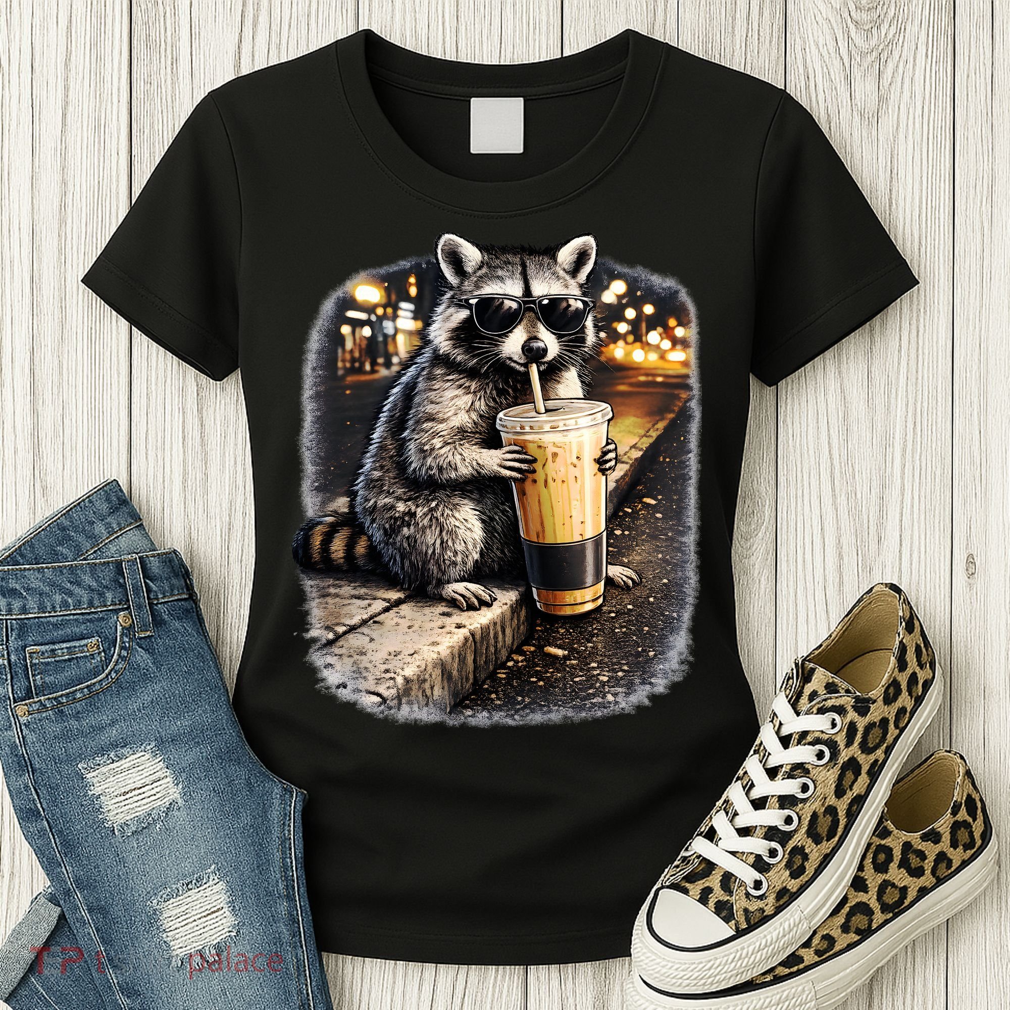Raccoon Drinking Iced Coffee Women's T-Shirt