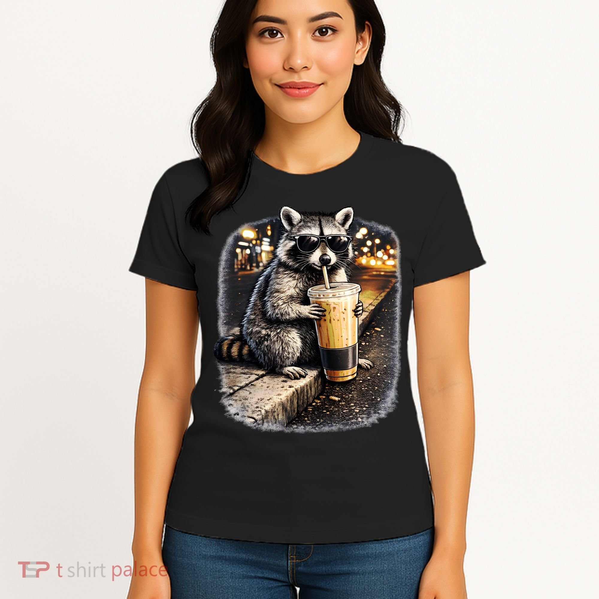 Raccoon Drinking Iced Coffee Women's T-Shirt