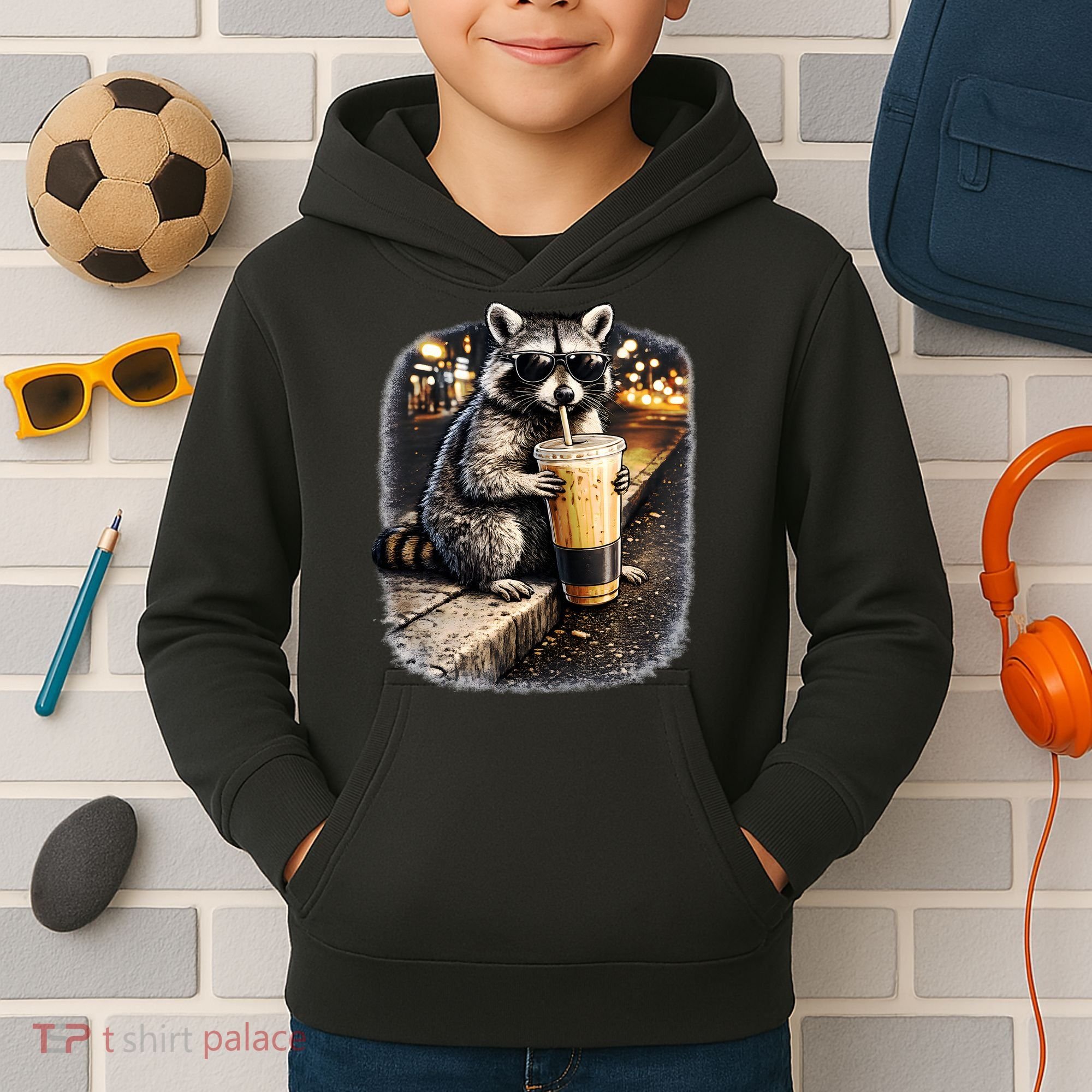 Raccoon Drinking Iced Coffee Kids Hoodie