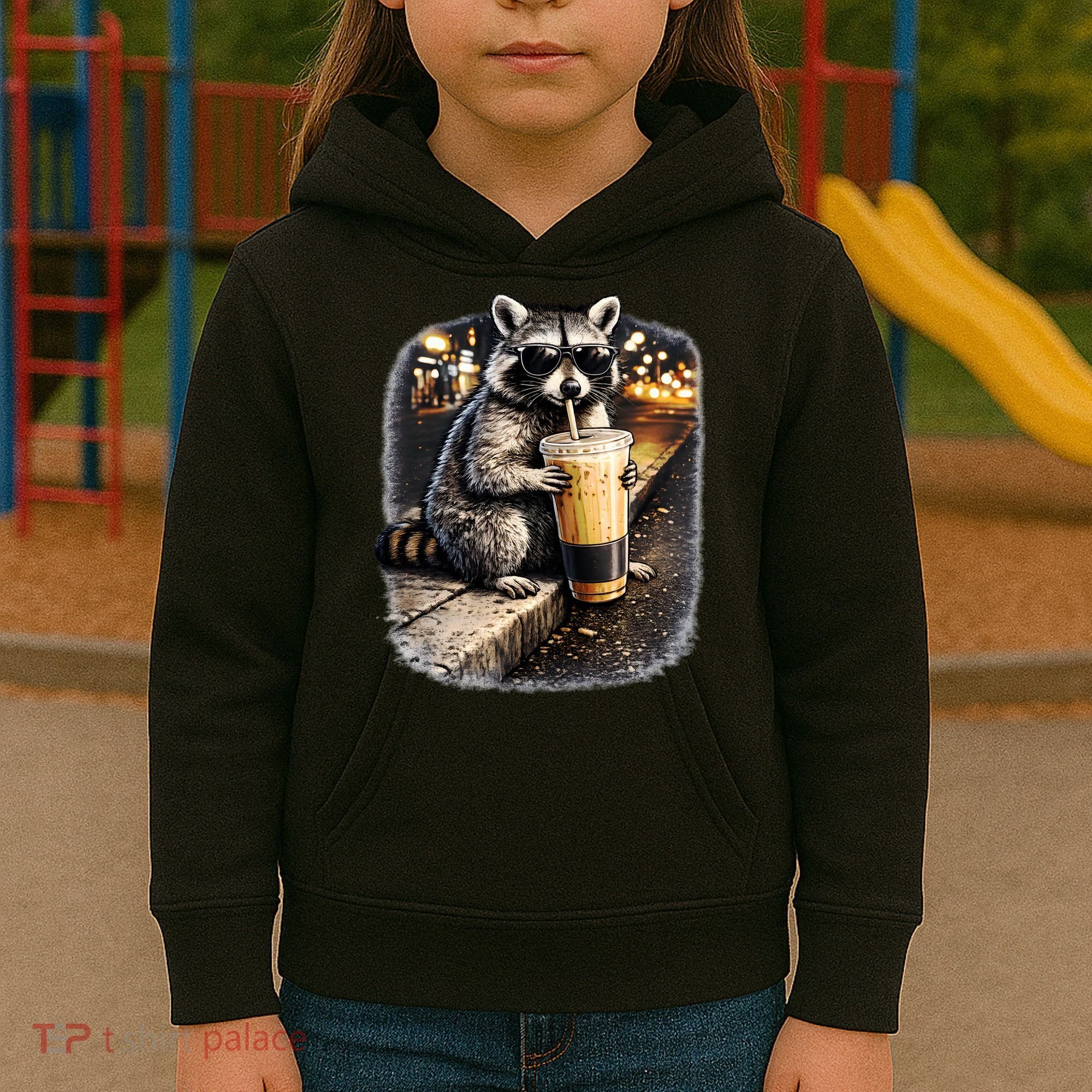 Raccoon Drinking Iced Coffee Kids Hoodie
