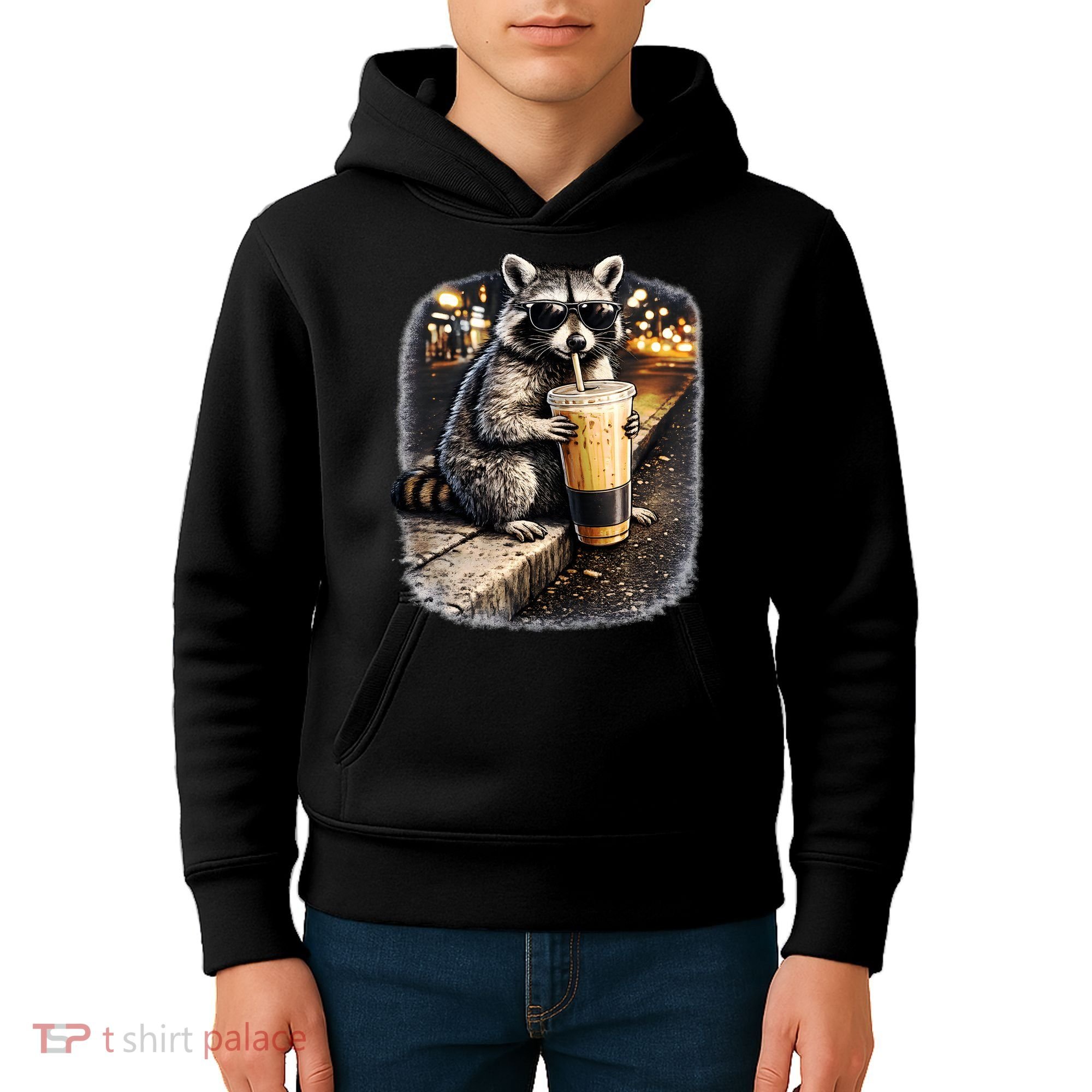 Raccoon Drinking Iced Coffee Kids Hoodie