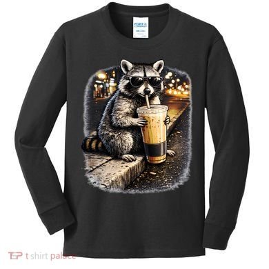 Raccoon Drinking Iced Coffee Kids Long Sleeve Shirt