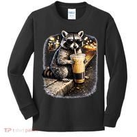 Raccoon Drinking Iced Coffee Kids Long Sleeve Shirt thumb 0